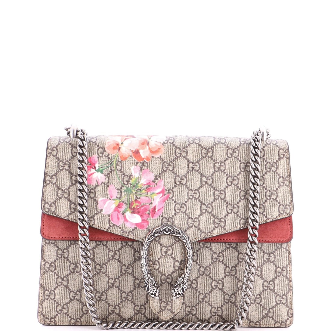 Gucci Dionysus Bag Blooms Print GG Coated Canvas Medium: Gucci Dionysus Bag Blooms Print GG Coated Canvas Medium Brown Gucci Dionysus Bag Blooms Print GG Coated Canvas Medium features a unique Blooms Print GG Coated canvas exterior in brown, with a suede