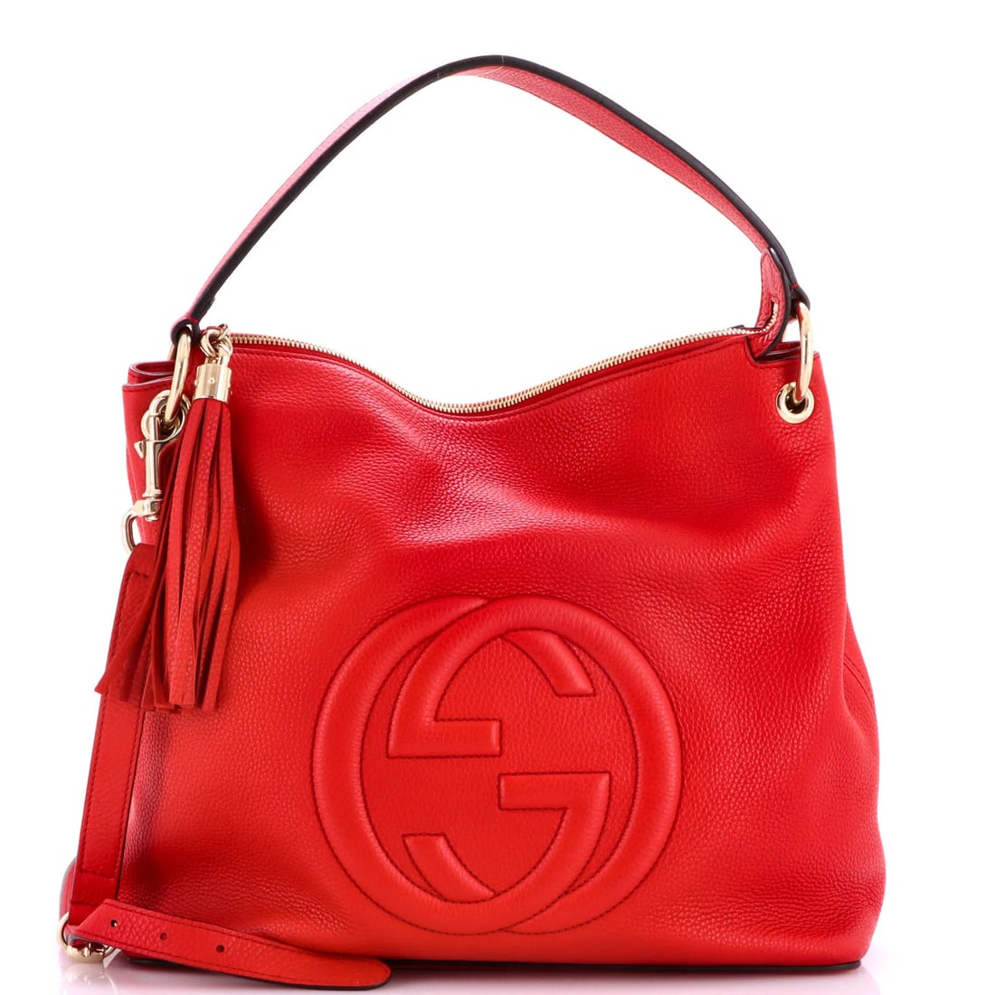 Large Leather Convertible Hobo Gucci Soho: Large Leather Convertible Hobo Gucci Soho Red Leather Large Soho Convertible Hobo Gucci Bag with Gold Tone Hardware, featuring a spacious interior with neutral fabric lining and a sturdy gold tone str