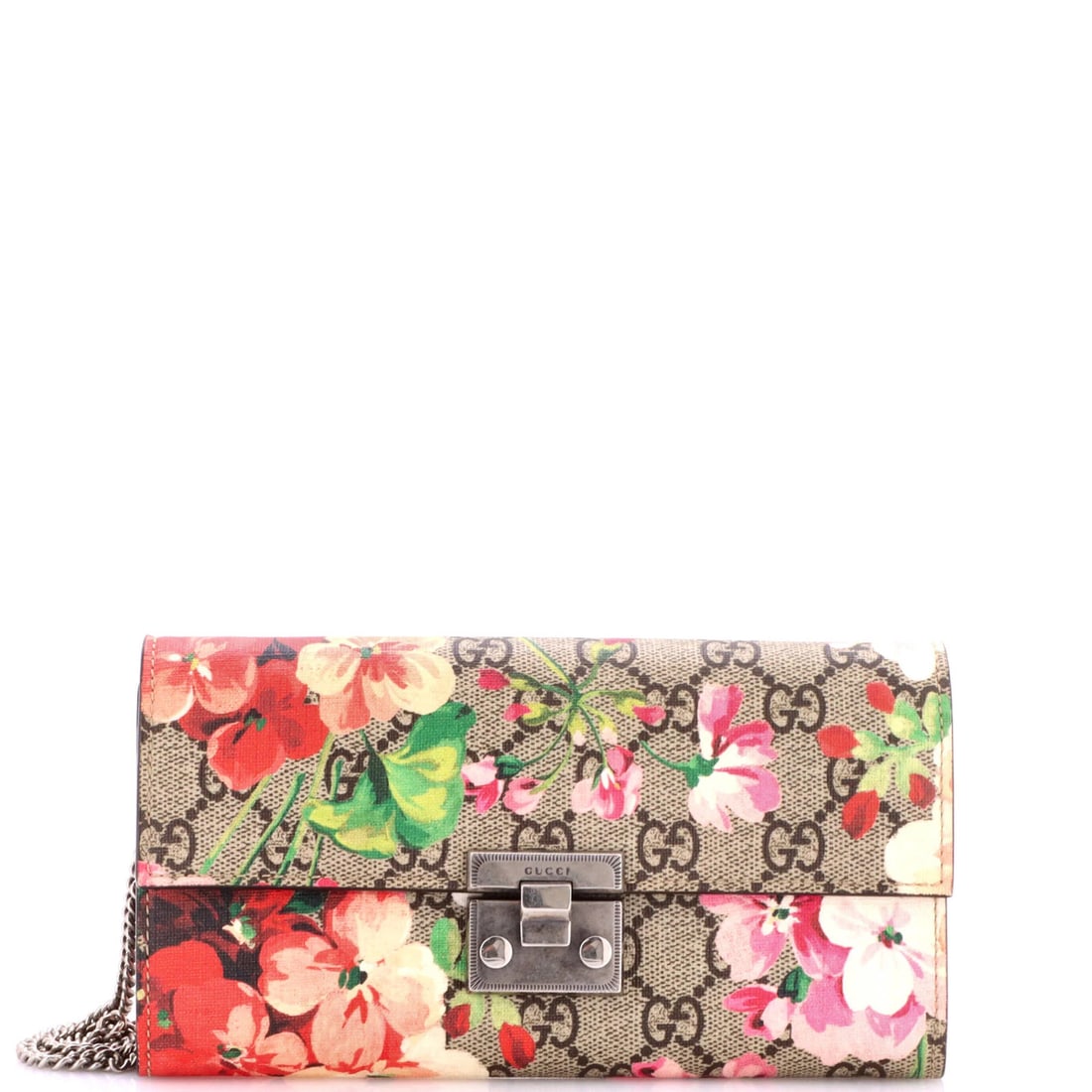 GG Coated Canvas Wallet Chain Blooms Print Padlock Continental Long: GG Coated Canvas Wallet Chain Blooms Print Padlock Continental Long Canvas Coated Wallet Chain Blooms Print Padlock Continental Long features a unique GG Coated Canvas exterior with a striking print