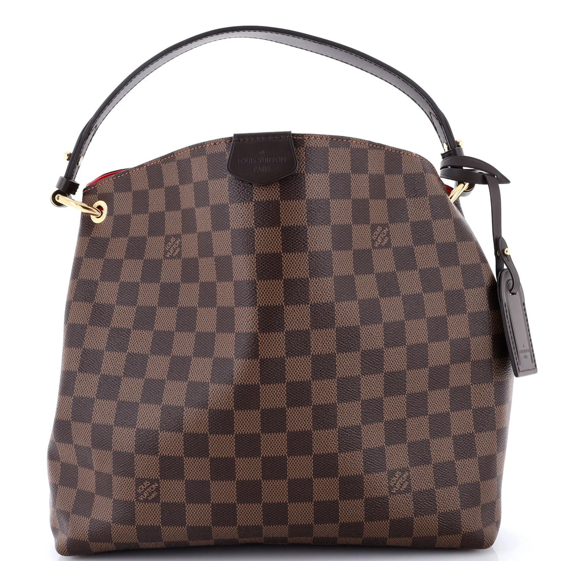 Handbag Damier Louis Vuitton Graceful: Handbag Damier Louis Vuitton Graceful Canvas Coated Damier PM Hobo Handbag in Brown, featuring a classic Louis Vuitton design with a signature red interior, and gold hardware accents. The bag boasts