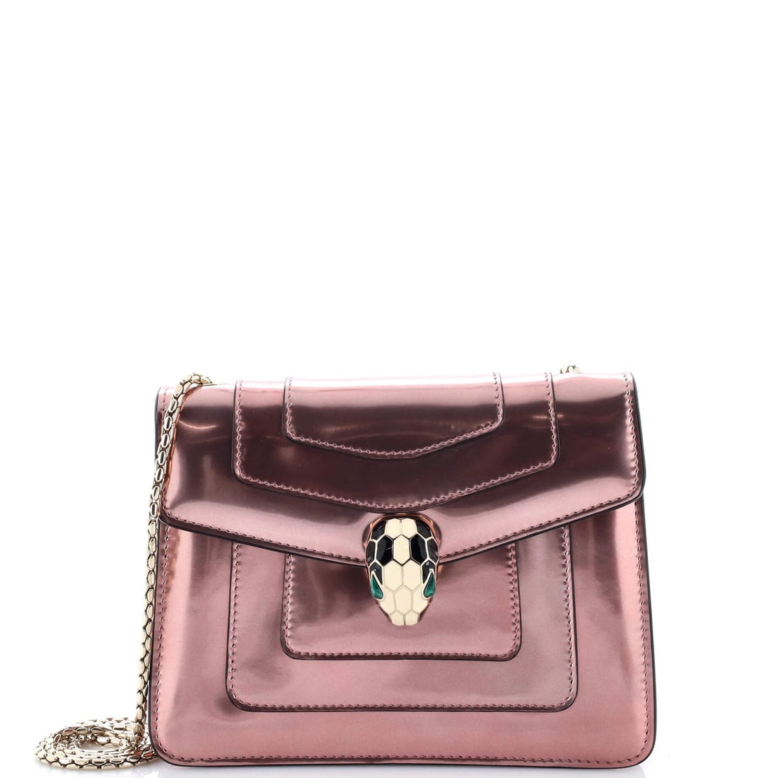 Small Square Leather Metallic Bag Forever Serpenti Bvlgari: Small Square Leather Metallic Bag Forever Serpenti Bvlgari Small Square Leather Metallic Bag Forever Serpenti Bvlgari features patent leather exterior in metallic finish, gold-tone hardware, and