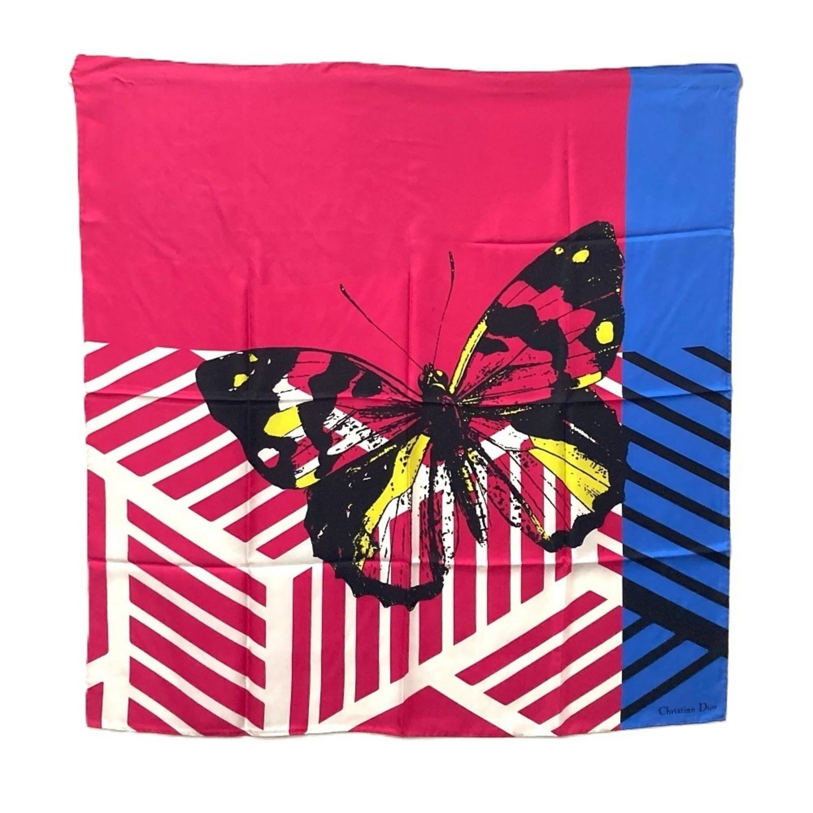 Silk Scarf by Christian Dior: Silk Scarf by Christian Dior Silk Scarf by Christian Dior, featuring a vibrant blue and pink color combination, is a stunning accessory for any woman. Made from high-quality silk, this 90cm x 90cm sca