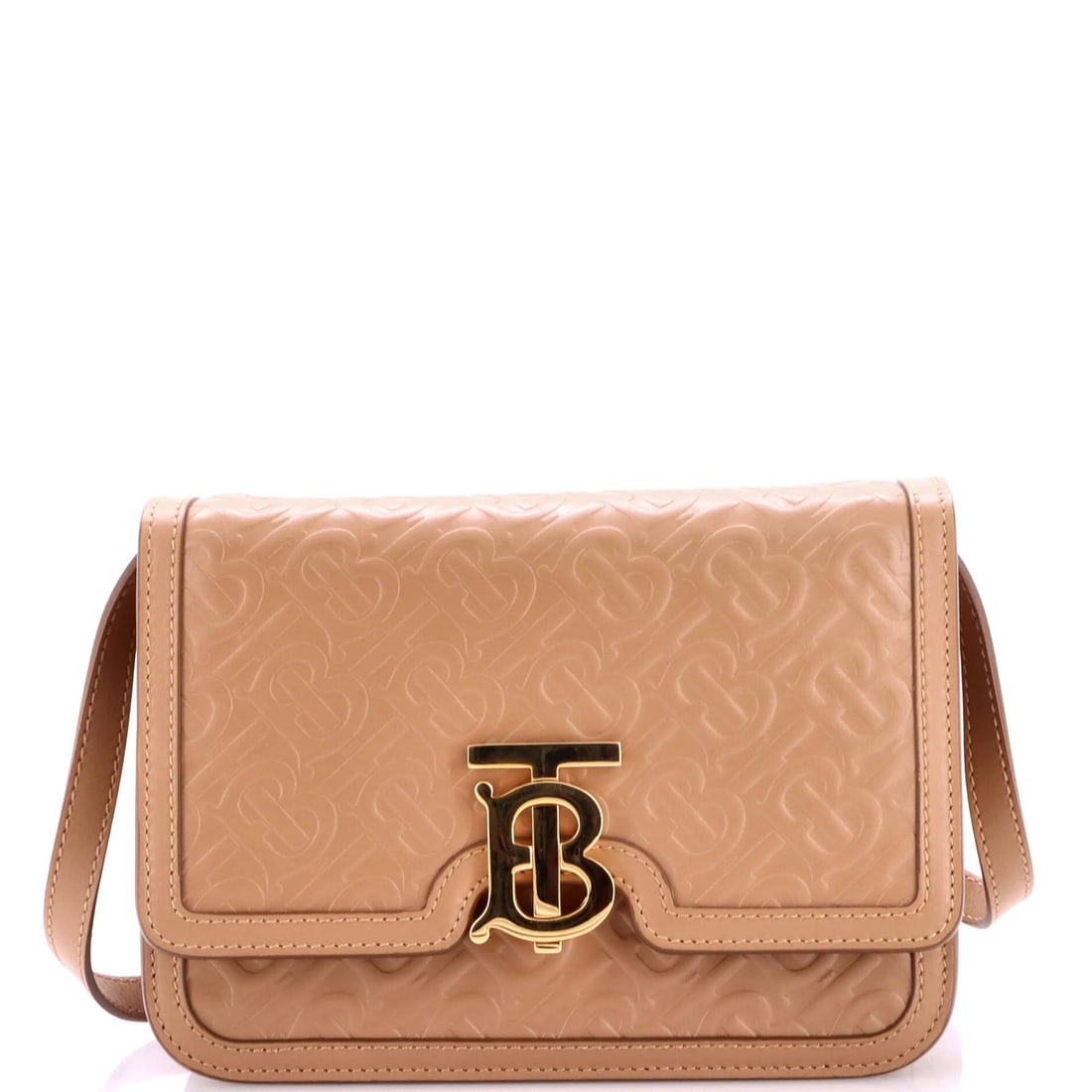 Monogram Embossed Leather Small Burberry Flap Bag TB: Monogram Embossed Leather Small Burberry Flap Bag TB Small Monogram Embossed Leather Burberry Flap Bag TB in Neutral Exterior with Gold Hardware, featuring a classic design with a touch of elegance.