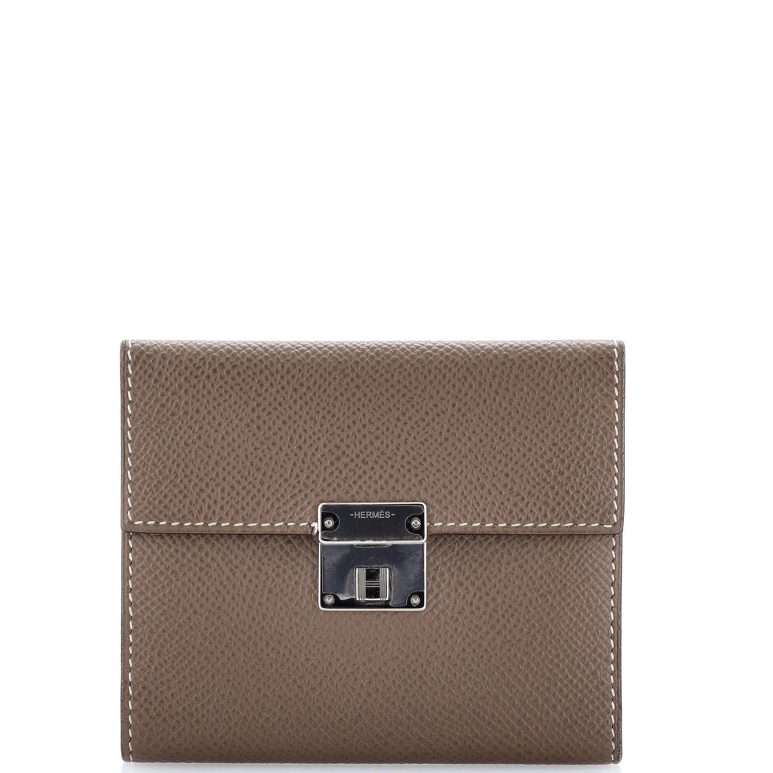 Clic Wallet Hermes 12 Epsom: Clic Wallet Hermes 12 Epsom The Clic Wallet Epsom 12 from Hermes is a sleek and sophisticated accessory, boasting a classic gray leather exterior and matching interior. With its palladium hardware