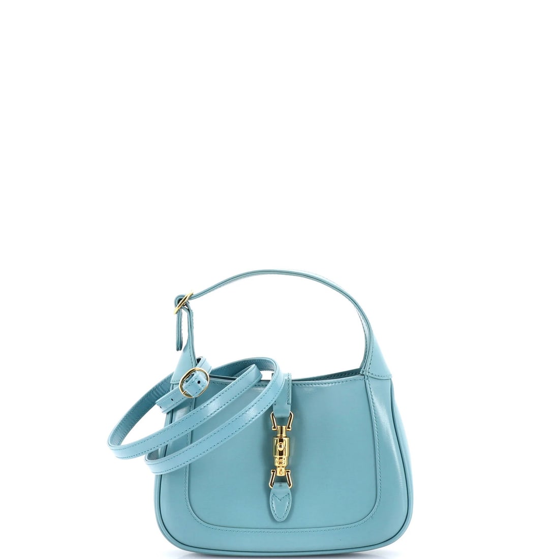 Hobo Leather Mini Gucci Jackie 1961: Hobo Leather Mini Gucci Jackie 1961 Blue leather mini Gucci Jackie 1961 hobo bag with gold hardware, featuring a loose stitch on the rear opening corner and minor edge wear. The bag measures 5" tall, 