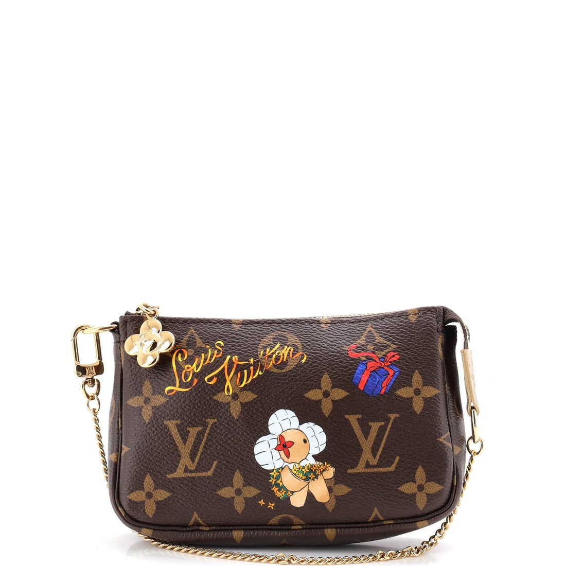 Vivienne Louis Vuitton Monogram Limited Edition Pochette Xmas Canvas Accessoires: Vivienne Louis Vuitton Monogram Limited Edition Pochette Xmas Canvas Accessoires Miniature canvas clutch with a classic Louis Vuitton monogram design, available in a rich brown exterior with multicolo