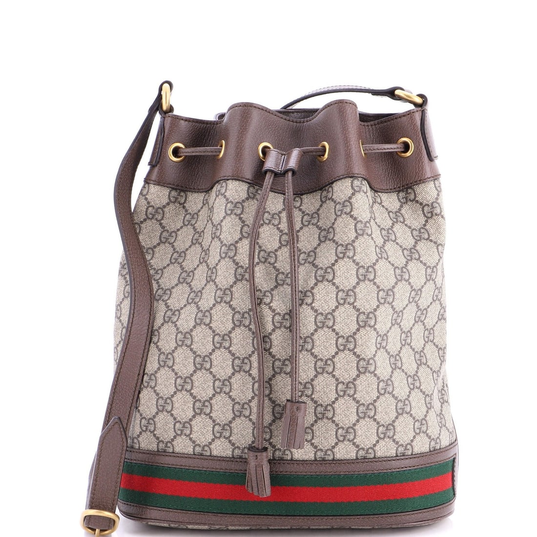 Gucci Medium GG Coated Canvas Bucket Bag Ophidia: Gucci Medium GG Coated Canvas Bucket Bag Ophidia The Gucci Medium GG Coated Canvas Bucket Bag Ophidia boasts a rich, brown canvas exterior with a sleek, coated finish, adding a touch of sophistication
