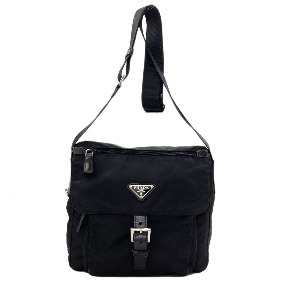 Triangle Logo Bag Nylon Shoulder: Triangle Logo Bag Nylon Shoulder Black PRADA-style nylon shoulder bag with a classic triangle logo, measuring 9.1 inches in height and 9.4 inches in width, featuring a 3.5-inch depth and a belt