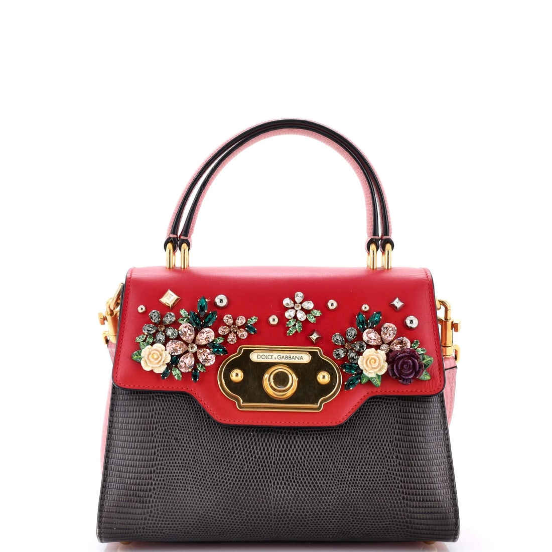 Embossed Leather Bag Top Welcome Dolce Gabbana Lizard Embellished: Embossed Leather Bag Top Welcome Dolce Gabbana Lizard Embellished Red Dolce & Gabbana Lizard Embossed Leather Small Top Handle Bag with Strap, featuring a bold welcome design and aged gold hardware,