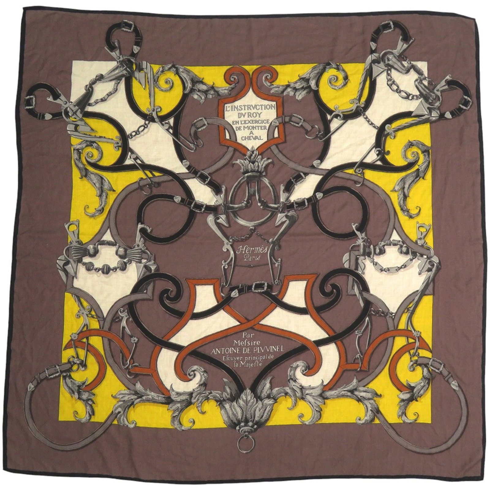 Silk cashmere scarf: Silk cashmere scarf Silk and cashmere blend creates a luxurious texture, while the brown and yellow hues evoke a sense of warmth and elegance. This 1.4m x 1.4m scarf from Hermes is a statement piece, 