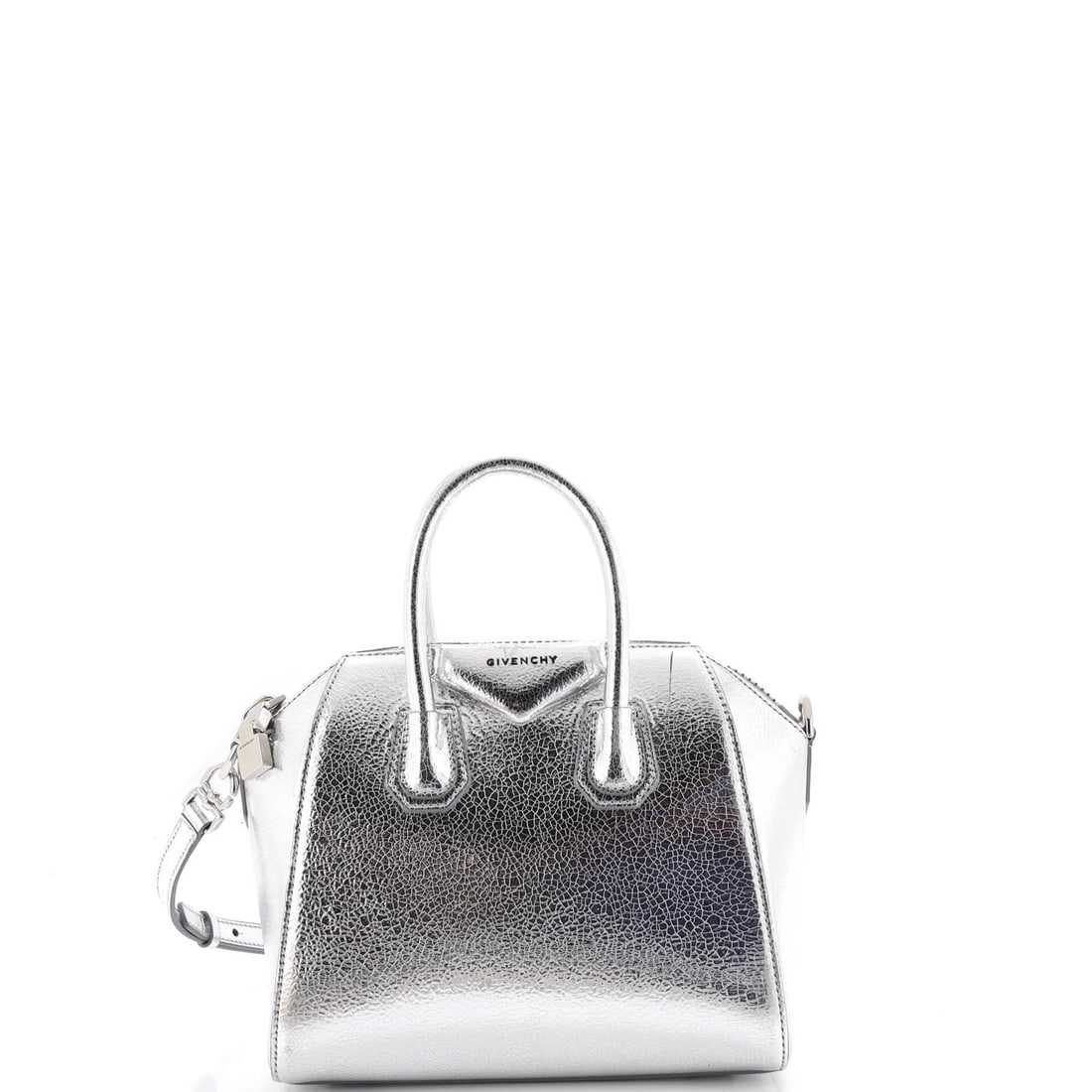 Glazed Leather Bag Mini Antigona: Glazed Leather Bag Mini Antigona Glazed Leather Mini Antigona Bag from Givenchy, featuring a metallic exterior with a sleek, glazed finish. This mini satchel boasts a sturdy design with a silver