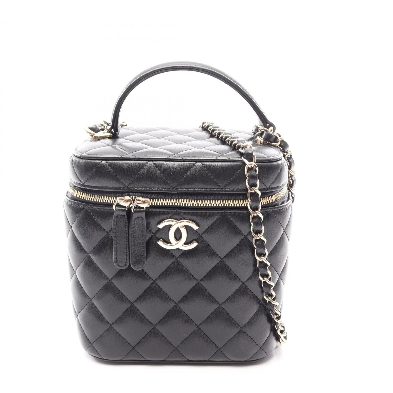 Handbag Chanel Leather Vanity Shoulder Bag: Handbag Chanel Leather Vanity Shoulder Bag This luxurious Chanel Leather Vanity Shoulder Bag boasts sleek, all-black design with gold hardware, crafted from high-quality lambskin leather. Measuring