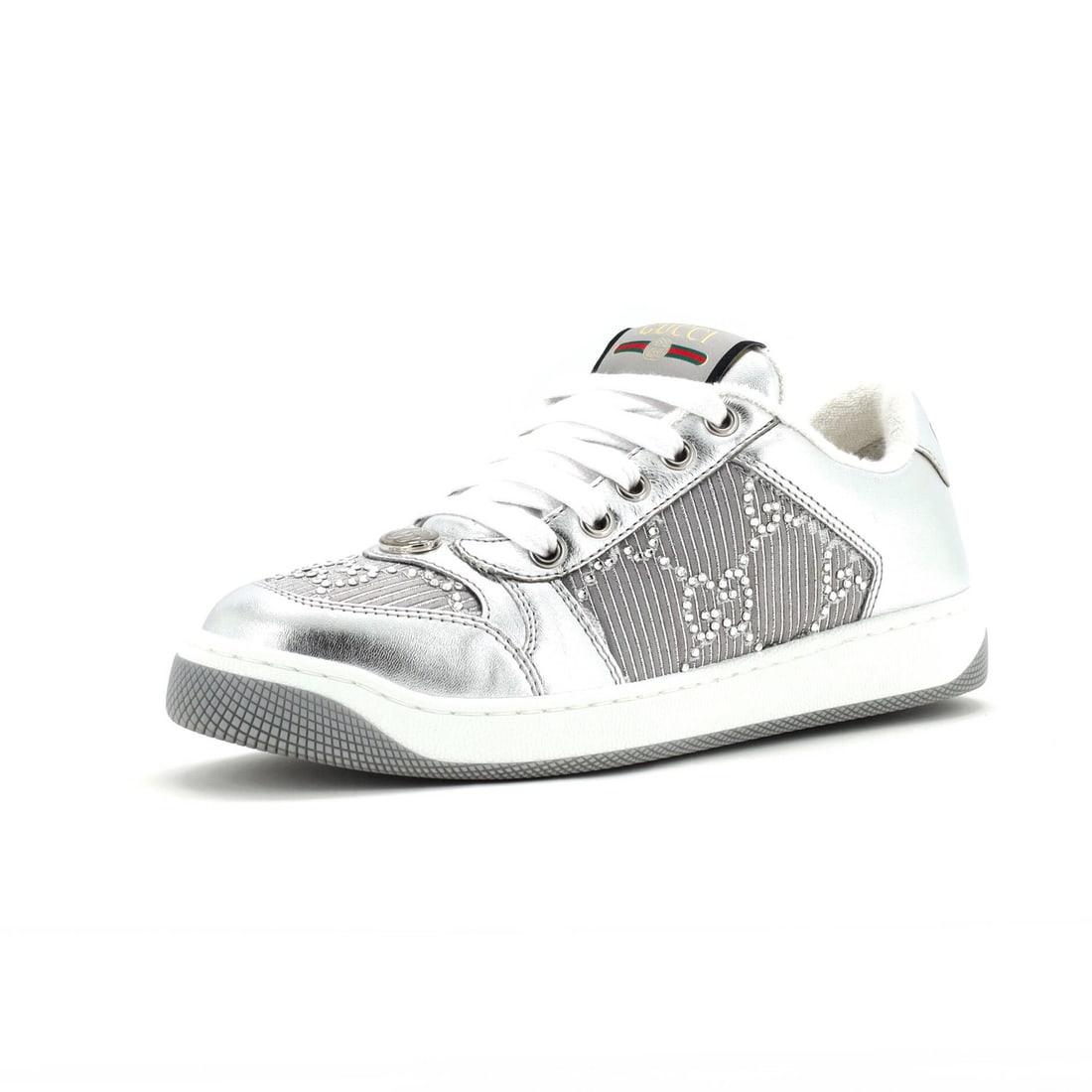 Sneakers Leather Gucci with Crystals Screener: Sneakers Leather Gucci with Crystals Screener Sneakers Leather Gucci with Crystals Screener features a sleek silver upper made from crystal and leather, with a white interior and silver hardware. The