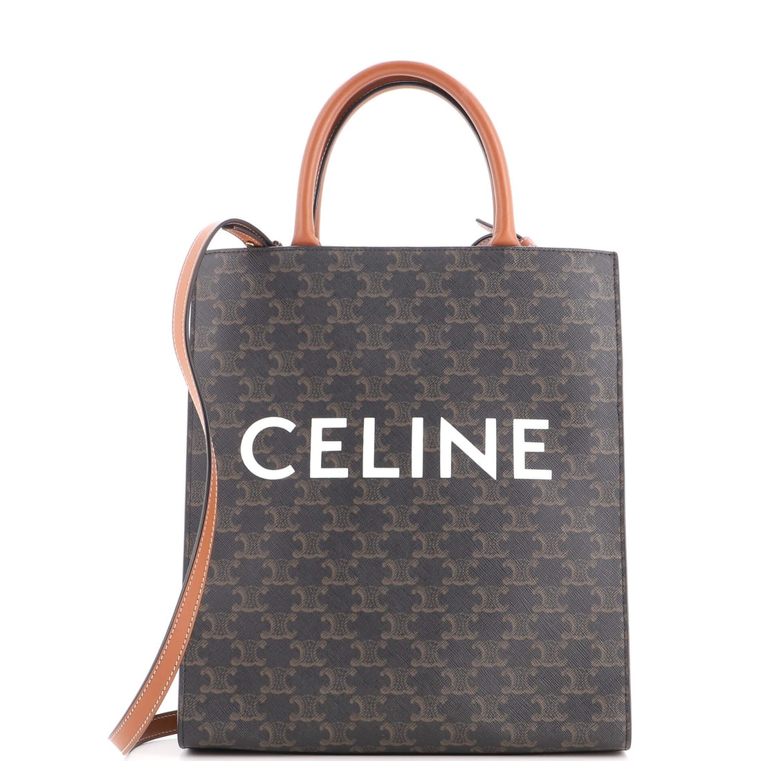 Celine Vertical Cabas Tote Triomphe Coated Canvas Small: Celine Vertical Cabas Tote Triomphe Coated Canvas Small The Celine Vertical Cabas Tote Triomphe Coated Canvas Small is a stylish and functional tote bag. Measuring 13" high, 11" wide, and 3" deep, it