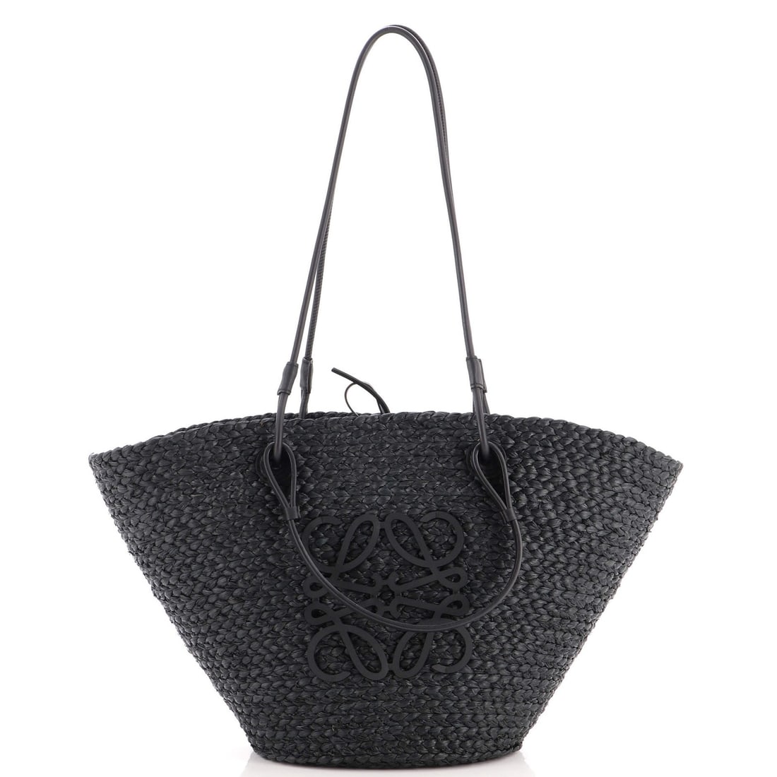 Woven Raffia Medium Basket Tote Loewe: Woven Raffia Medium Basket Tote Loewe Black Woven Raffia Medium Basket Tote Loewe features a unique blend of leather and raffia materials, creating a distinctive exterior with a subtle texture. The