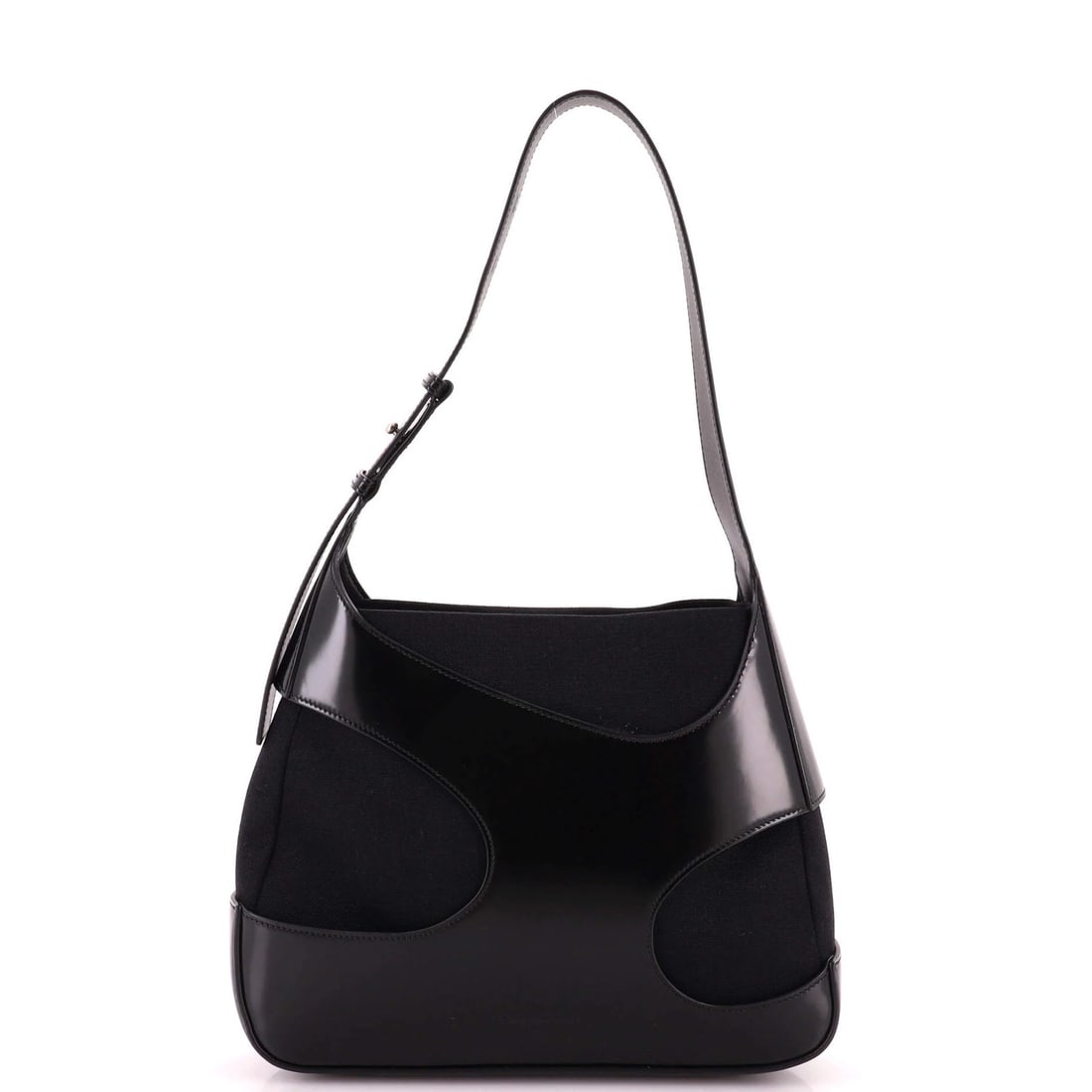 Cut out shoulder bag leather canvas medium Salvatore Ferragamo: Cut out shoulder bag leather canvas medium Salvatore Ferragamo Cut out shoulder bag in black canvas and patent leather, featuring a medium size with a 10" handle drop. The bag has a classic design