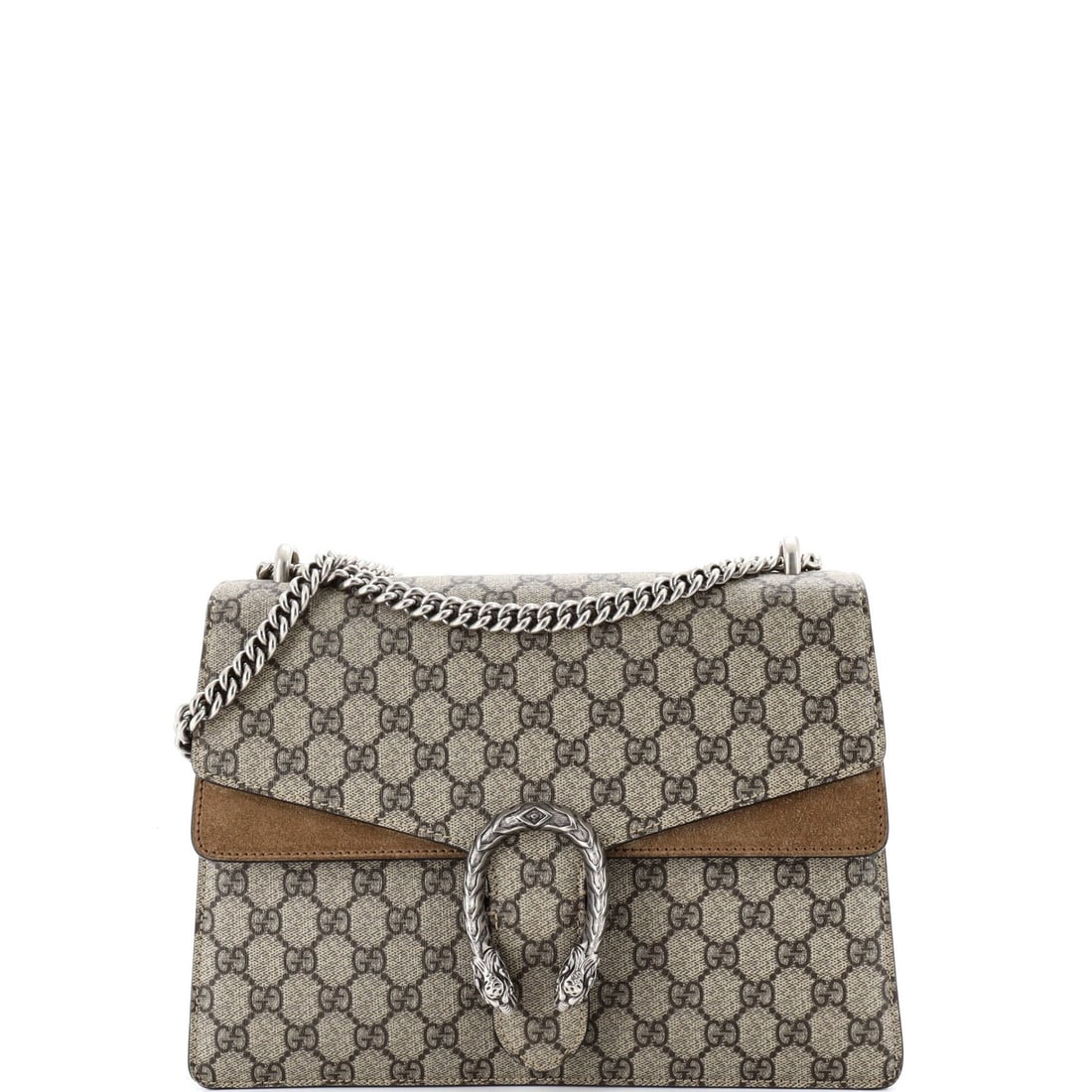 GG Coated Canvas Bag Medium Gucci Dionysus: GG Coated Canvas Bag Medium Gucci Dionysus Medium Gucci Dionysus Bag with GG Coated Canvas Exterior in Brown, featuring a classic shoulder bag design with a 15" strap drop. The bag's exterior shows si