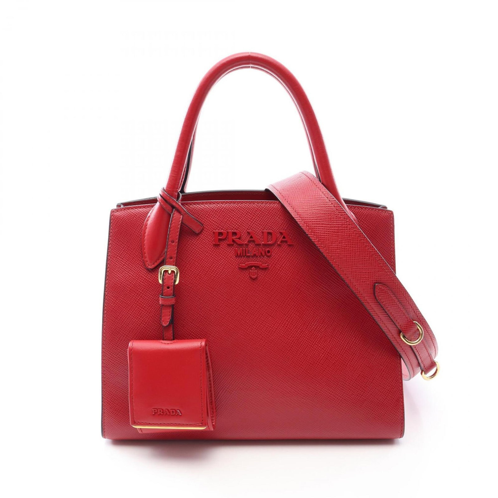 Pouch Saffiano Handbag Prada Triangle: Pouch Saffiano Handbag Prada Triangle Saffiano leather triangle handbag in vibrant red, featuring a classic Prada design with clean lines and a structured shape. This stylish pouch measures 21cm x