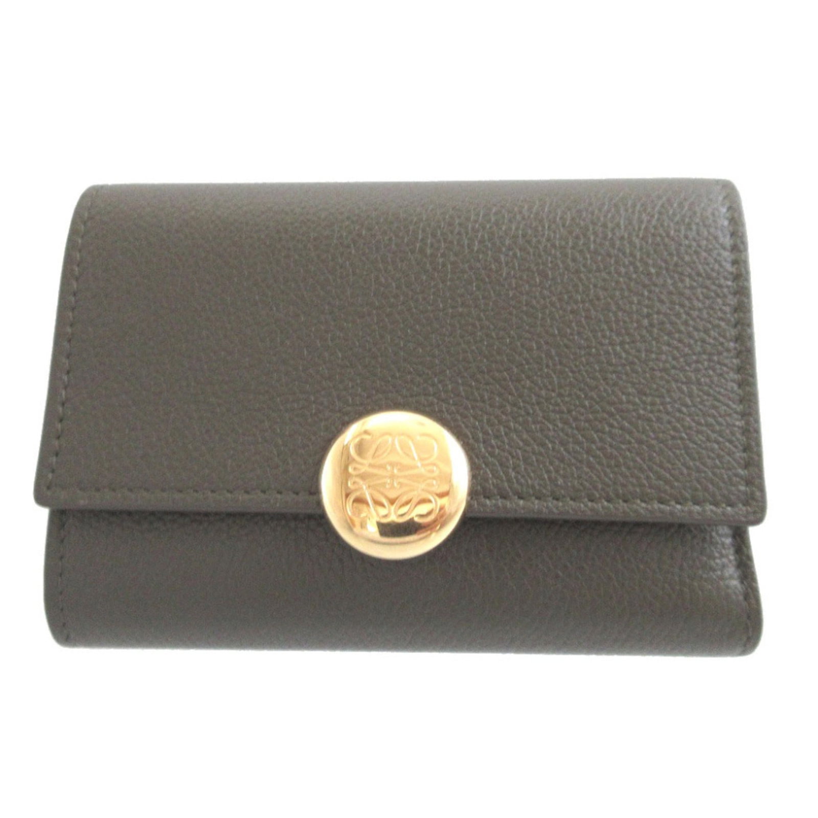 Loewe Wallet (Tri-Fold) Leather: Loewe Wallet (Tri-Fold) Leather Tri-fold leather wallet from renowned Spanish brand Loewe, boasting a classic khaki color and timeless design. Measuring 8.5cm x 12cm x 2cm, this wallet is a compact