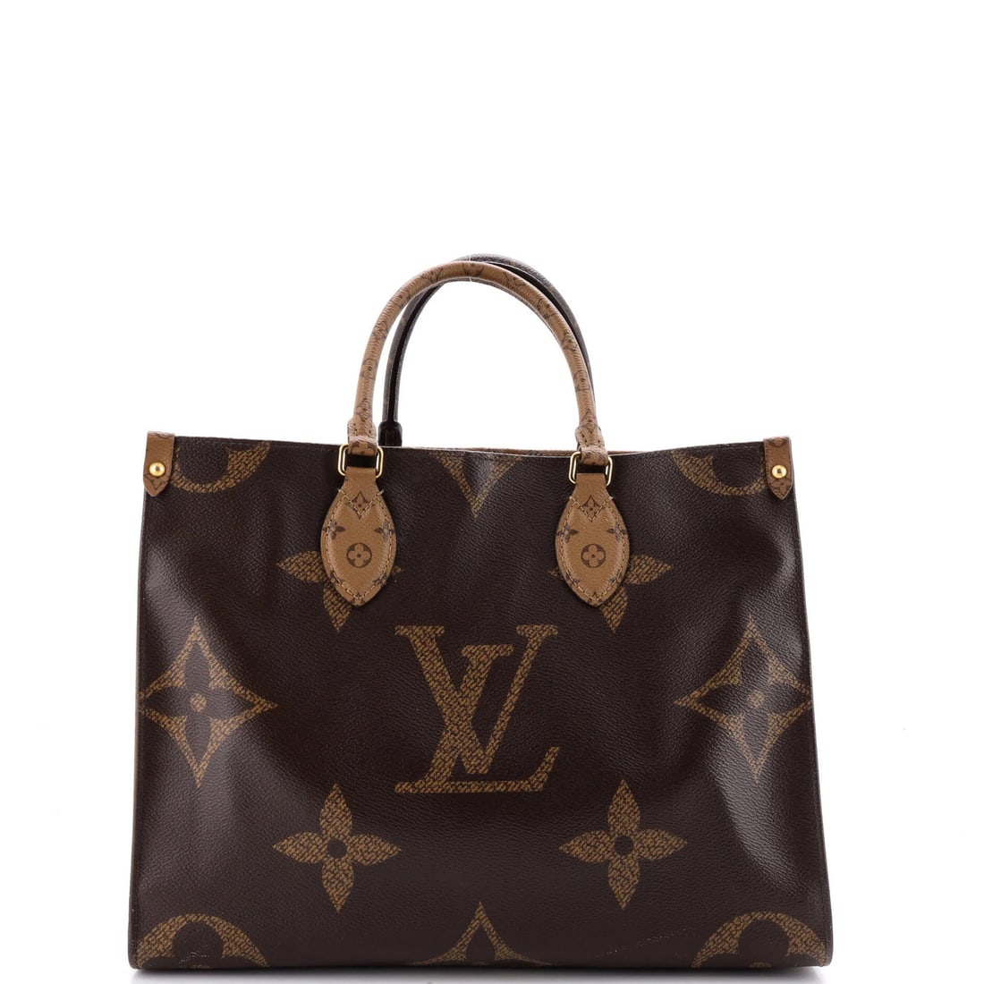 Louis Vuitton OnTheGo Tote Reverse Monogram Giant MM: Louis Vuitton OnTheGo Tote Reverse Monogram Giant MM Brown Louis Vuitton OnTheGo Tote Reverse Monogram Giant MM features a classic canvas coated exterior with a signature reverse monogram pattern.