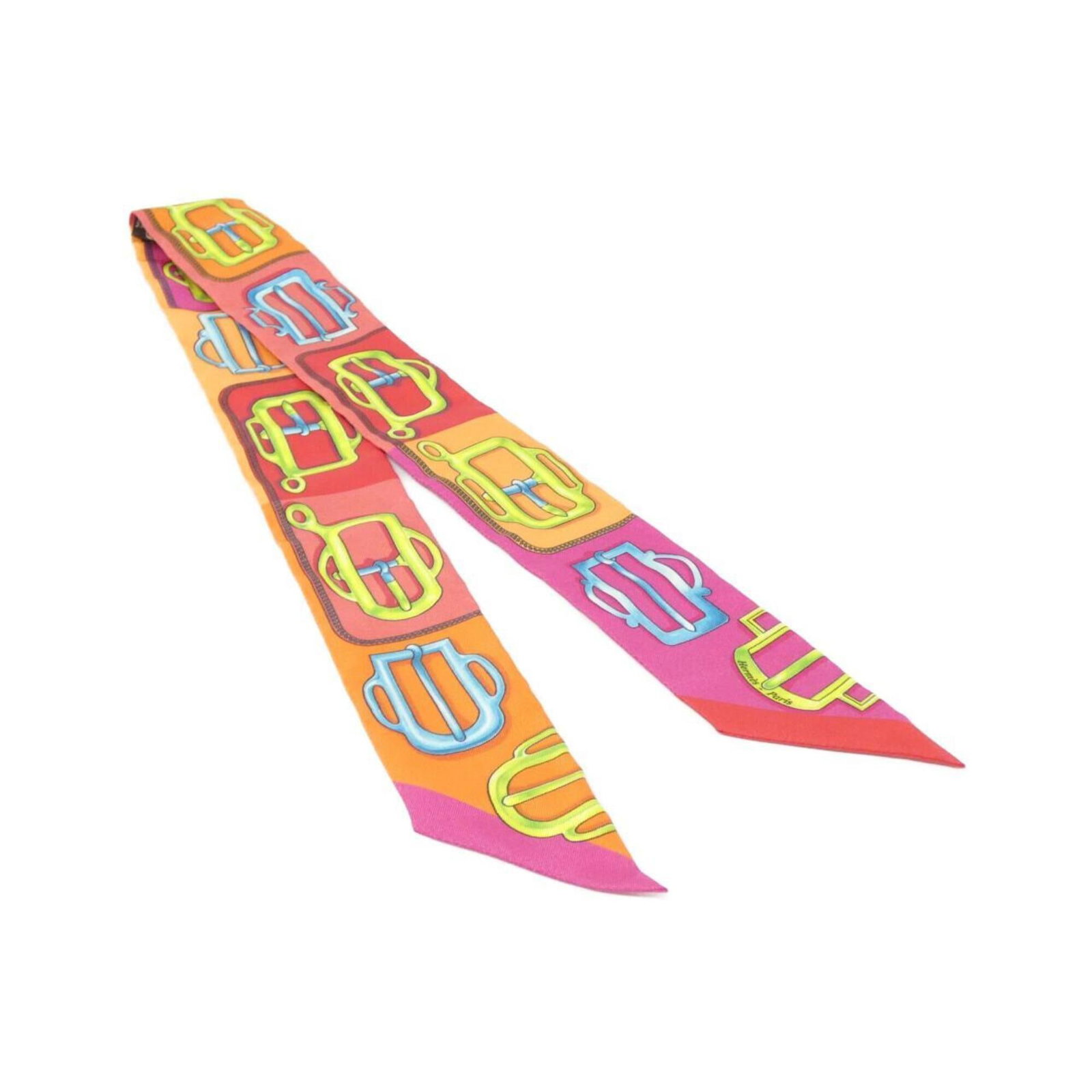 Silk Hermes Scarf: Silk Hermes Scarf Silk Hermes Scarf in vibrant orange hue, crafted from luxurious silk material, measures 5cm x 86cm. The scarf's striking size and bold color make it a statement piece, perfect for ad