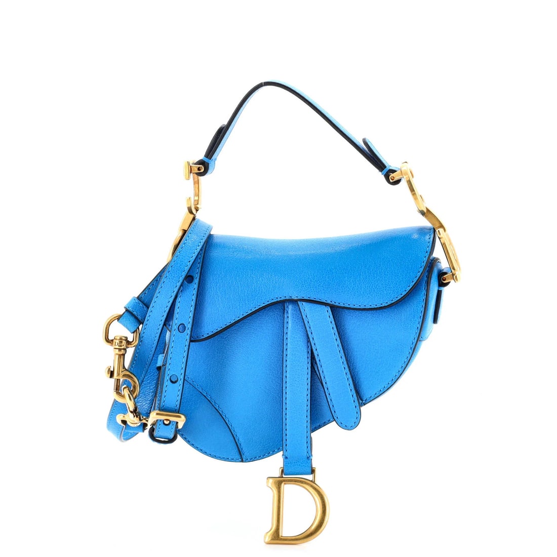 Saddle Handbag Leather Strap with Micro Christian Dior: Saddle Handbag Leather Strap with Micro Christian Dior Saddle Handbag Leather Strap with Micro Christian Dior features a striking blue leather exterior with a saddle design, complemented by aged gold 
