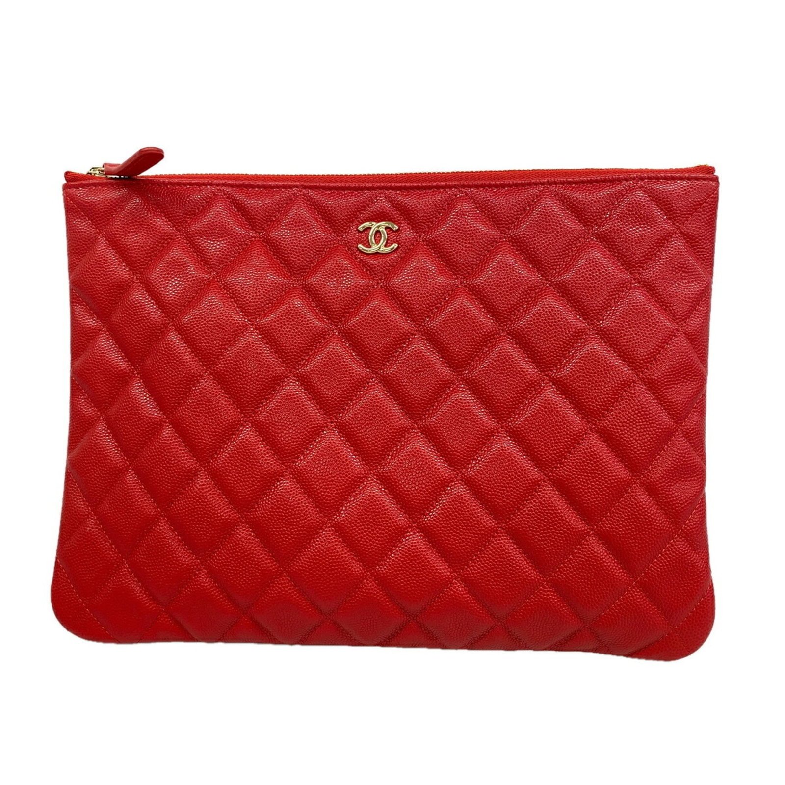 Calfskin Chanel Clutch Bag: Calfskin Chanel Clutch Bag Grained Calfskin Chanel Clutch Bag in Red Color. Made from high-quality Grained Calfskin, this clutch bag features a classic design with a gold-tone hardware accent. The