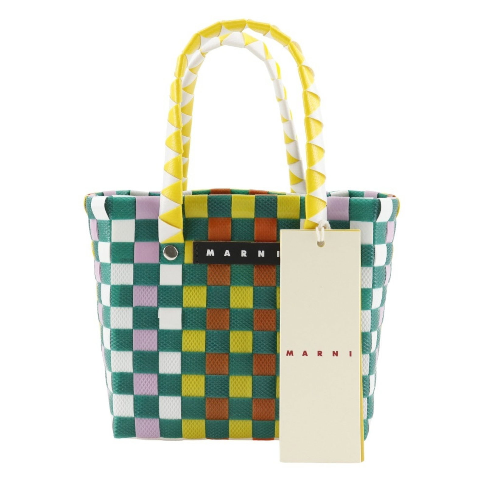 Polypropylene Handbag Basket Marni: Polypropylene Handbag Basket Marni Polypropylene Handbag Basket Marni is a unique, multi-colored green basket handbag made from polypropylene material. Measuring 14cm x 15cm x 10cm, it features an ope