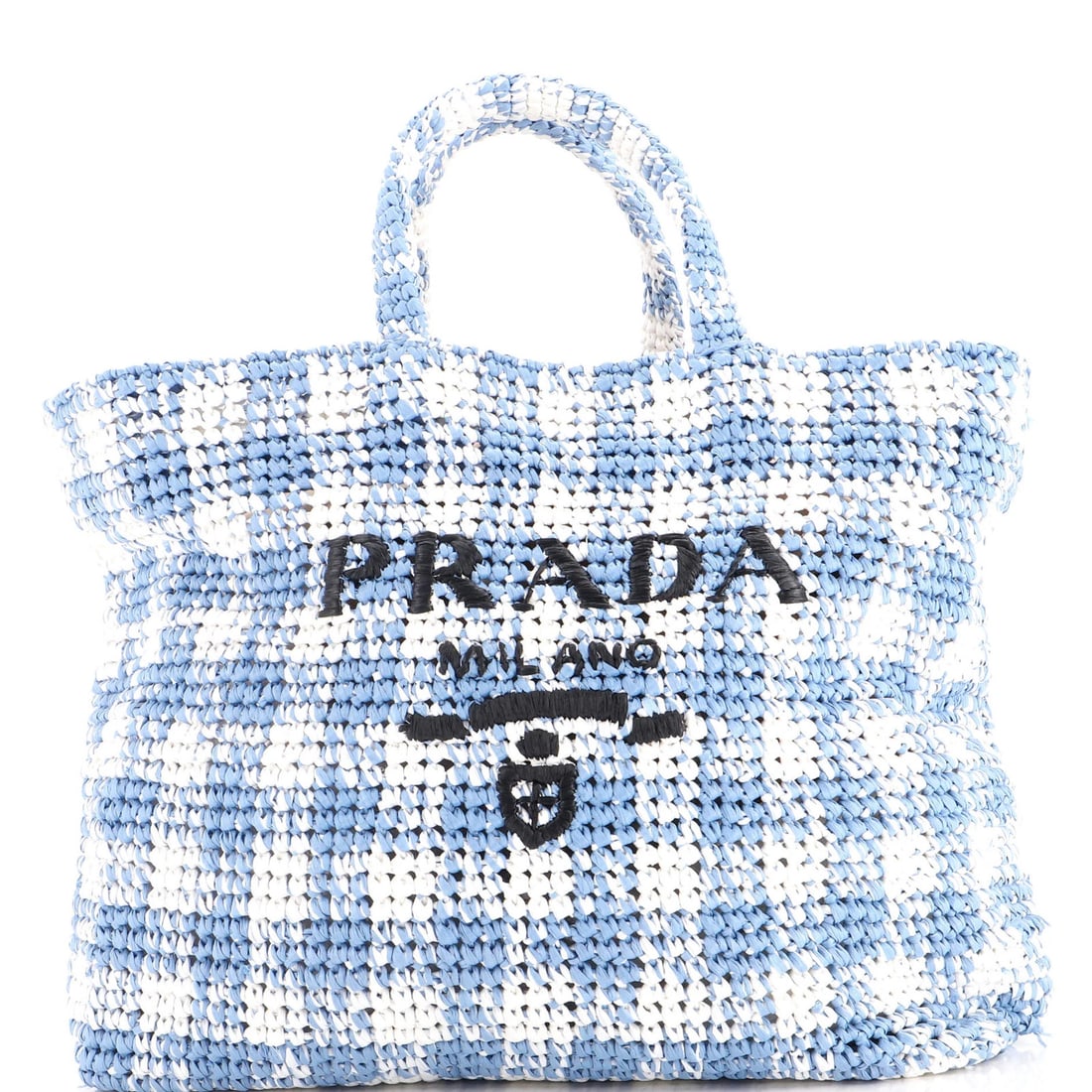 Raffia Large Tote Prada: Raffia Large Tote Prada Raffia Large Tote in Blue features a unique exterior made from high-quality raffia material, with a logo tote style and gold hardware. The exterior shows signs of wear, includi