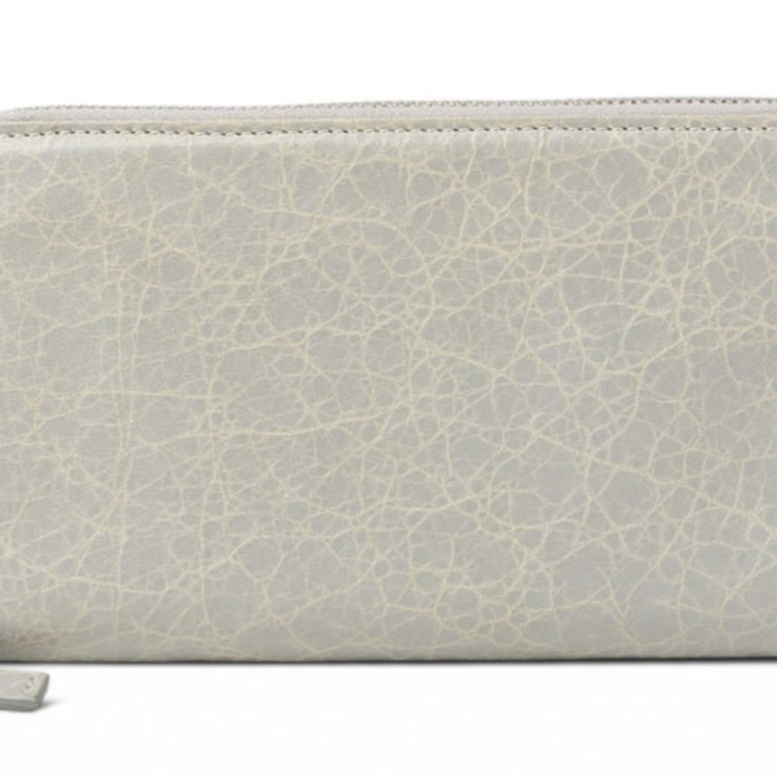 Long Wallet Leather Bi Fold Balenciaga: Long Wallet Leather Bi Fold Balenciaga Light gray leather long wallet from Balenciaga, featuring a bi-fold design with a zipper closure. Measuring 10.8cm x 19.2cm x 2.2cm, this wallet is made from