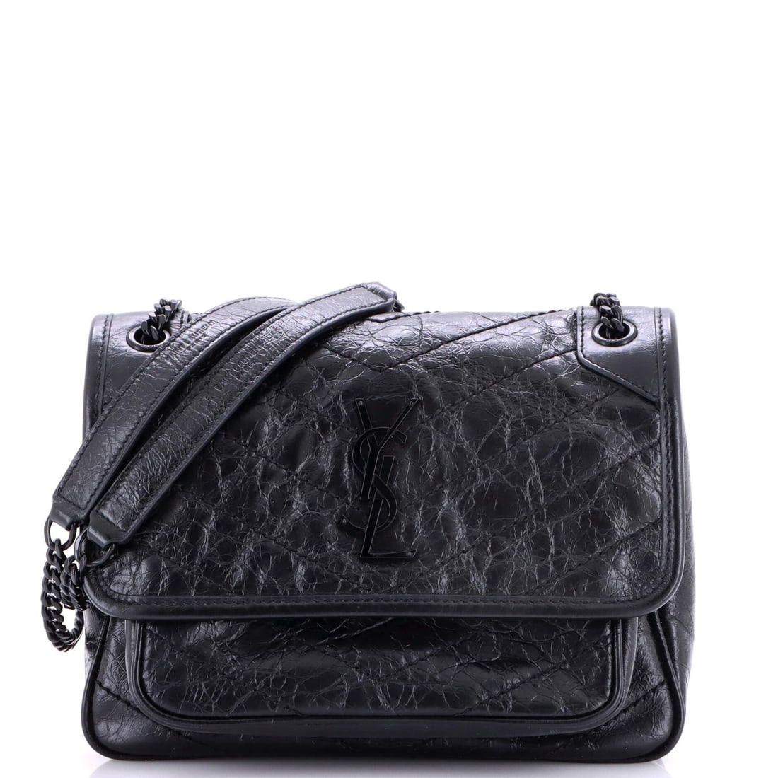 Matelasse Leather Baby Chevron Chain Niki Flap Bag Saint Laurent: Matelasse Leather Baby Chevron Chain Niki Flap Bag Saint Laurent Matelasse Leather Baby Chevron Chain Niki Flap Bag from Saint Laurent, featuring a chic black exterior with minor scuffs and creases,