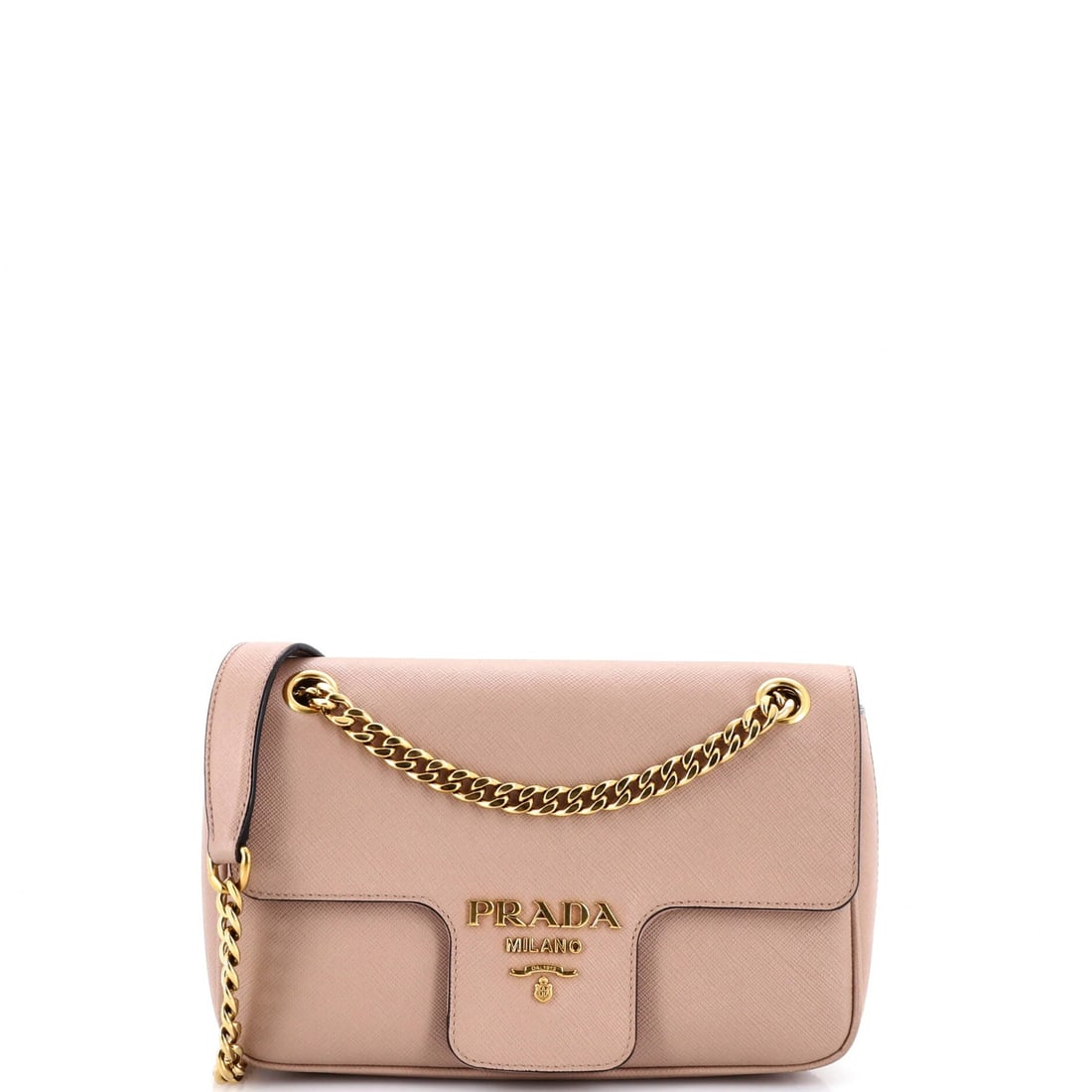 Small Saffiano Leather Flap Pattina Prada Bag: Small Saffiano Leather Flap Pattina Prada Bag Saffiano leather Pattina flap Prada bag in neutral exterior color, featuring a classic cross body design with a 12" handle drop and 21.5" strap drop, meas