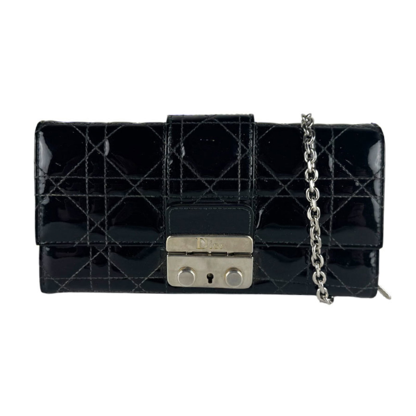 Dior Chain Shoulder Wallet Patent Leather: Dior Chain Shoulder Wallet Patent Leather Chain shoulder wallet in patent leather, a sleek and sophisticated design from Christian Dior. This black wallet features a chain strap for easy carrying and