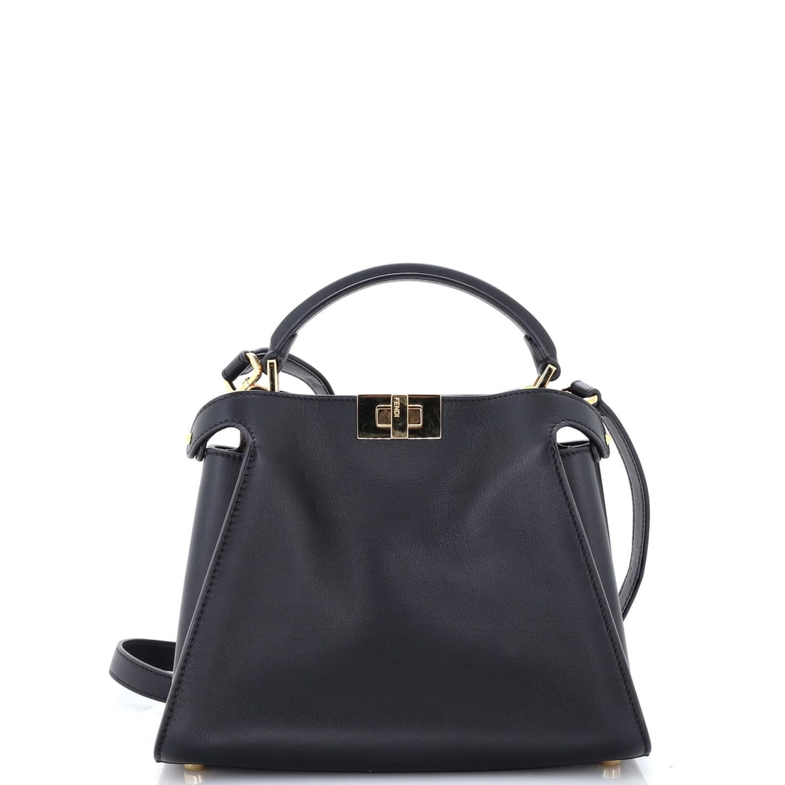 Fendi Peekaboo Leather Bag: Fendi Peekaboo Leather Bag Black Fendi Peekaboo Leather Bag with Gold Hardware, featuring a neutral interior and scuffed exterior with minor creases and discoloration. The bag measures 8" high, 10.5" 