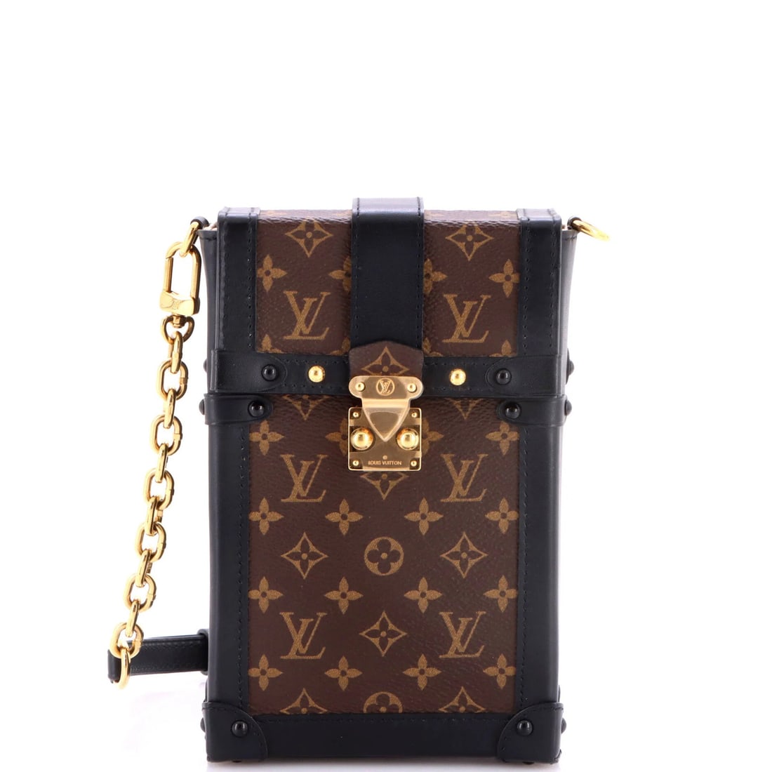 Monogram Canvas Louis Vuitton Pochette Trunk Vertical: Monogram Canvas Louis Vuitton Pochette Trunk Vertical The Louis Vuitton Monogram Canvas Vertical Trunk Pochette is a stylish and functional cross body bag. Measuring 7" tall, 4" wide, and 1.5" deep,