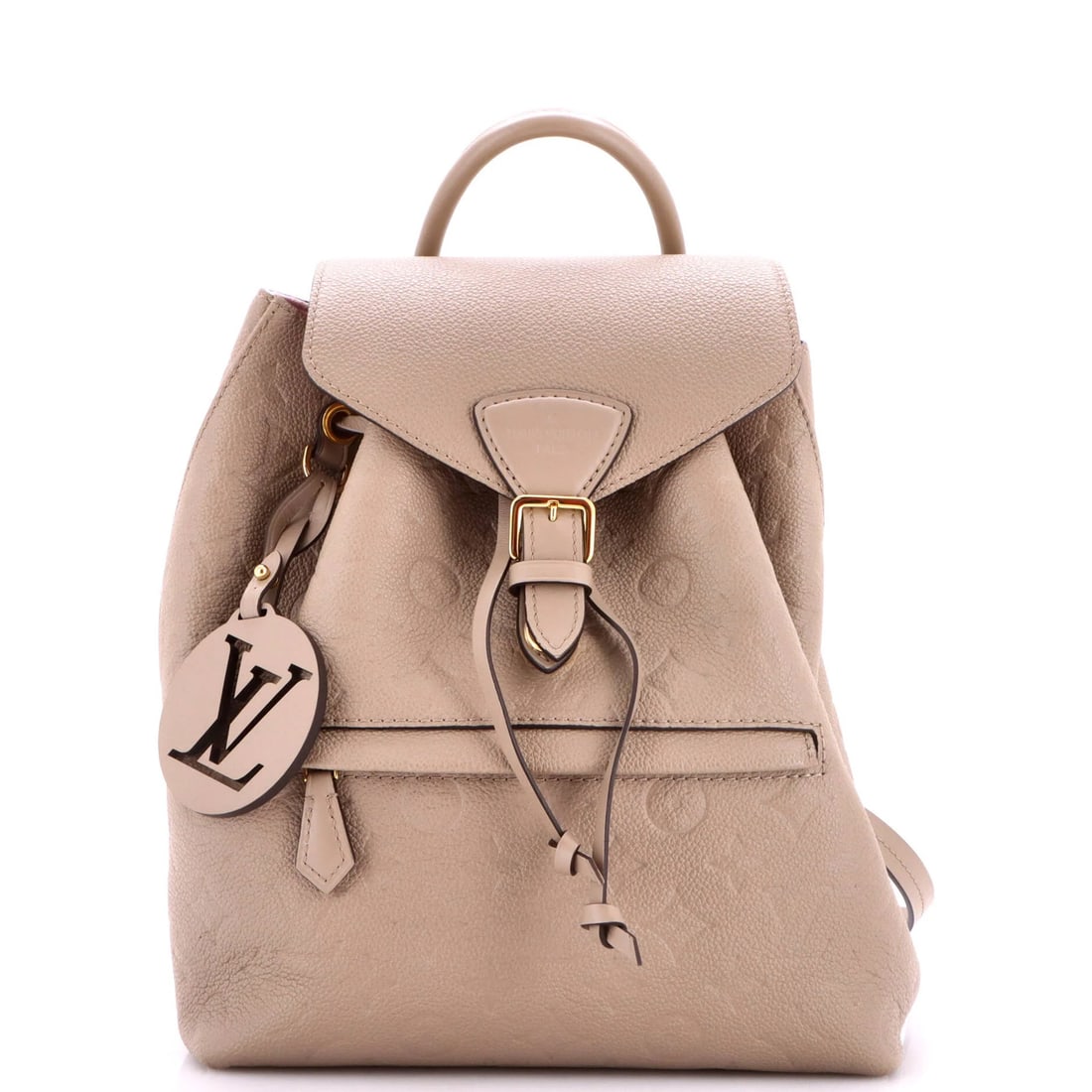 Montsouris NM Backpack Empreinte Leather Louis Vuitton: Montsouris NM Backpack Empreinte Leather Louis Vuitton The Montsouris NM Backpack Empreinte Leather Louis Vuitton features a neutral exterior with scuffs, edge wear, and minor creases, adding a touch