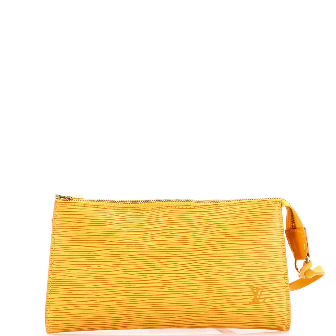 Louis Vuitton Pochette Accessoires Epi Leather: Louis Vuitton Pochette Accessoires Epi Leather Yellow Louis Vuitton Pochette Accessoires Epi Leather Clutch with Gold Hardware, featuring a scuffed exterior, cracking handles, and a purple microfiber 