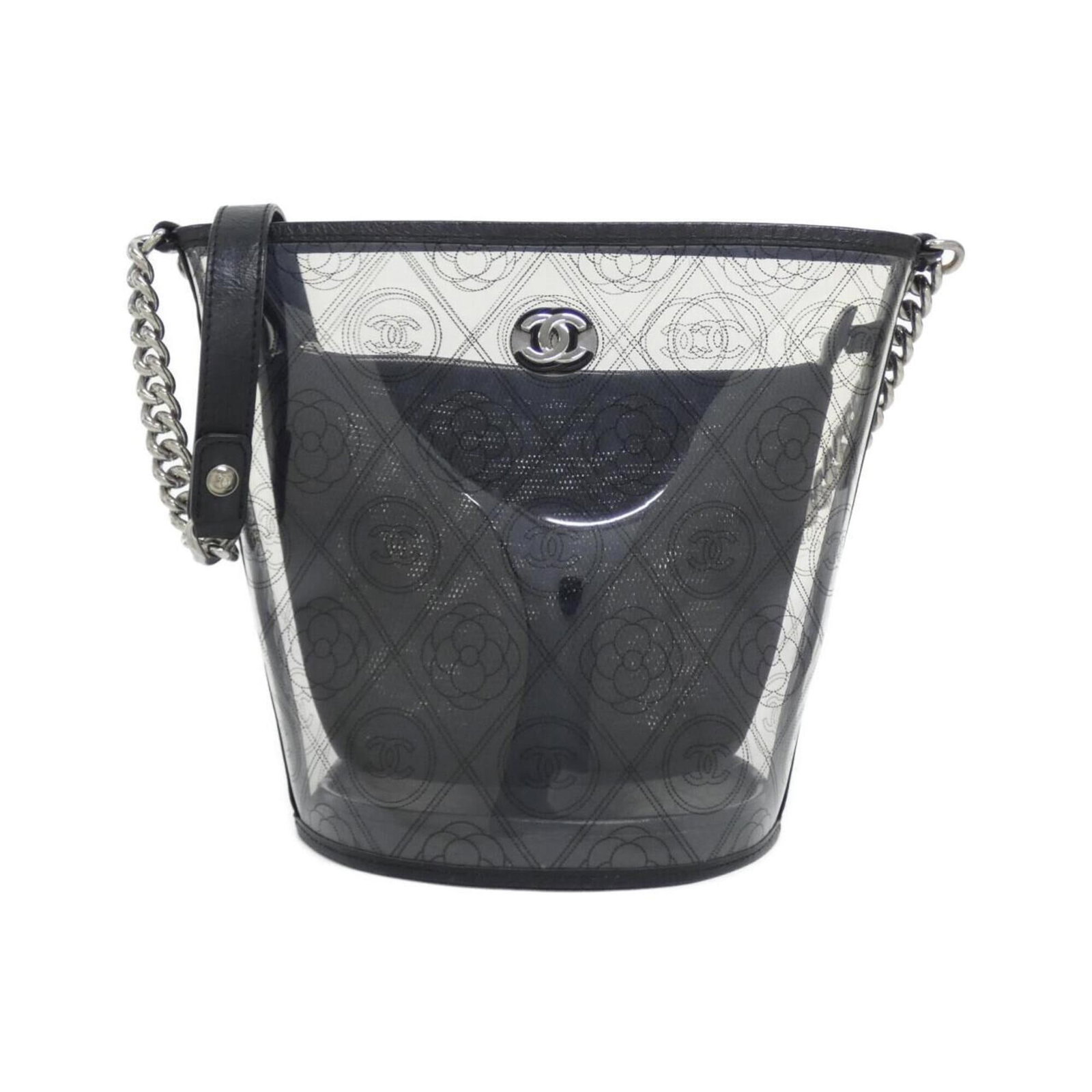 Shoulder Bag Pvc Chanel Pouch: Shoulder Bag Pvc Chanel Pouch This Chanel MPN 57637 PVC shoulder bag pouch features a sleek black and clear design with silver hardware, measuring 24cm x 20cm x 16cm. The PVC material provides a