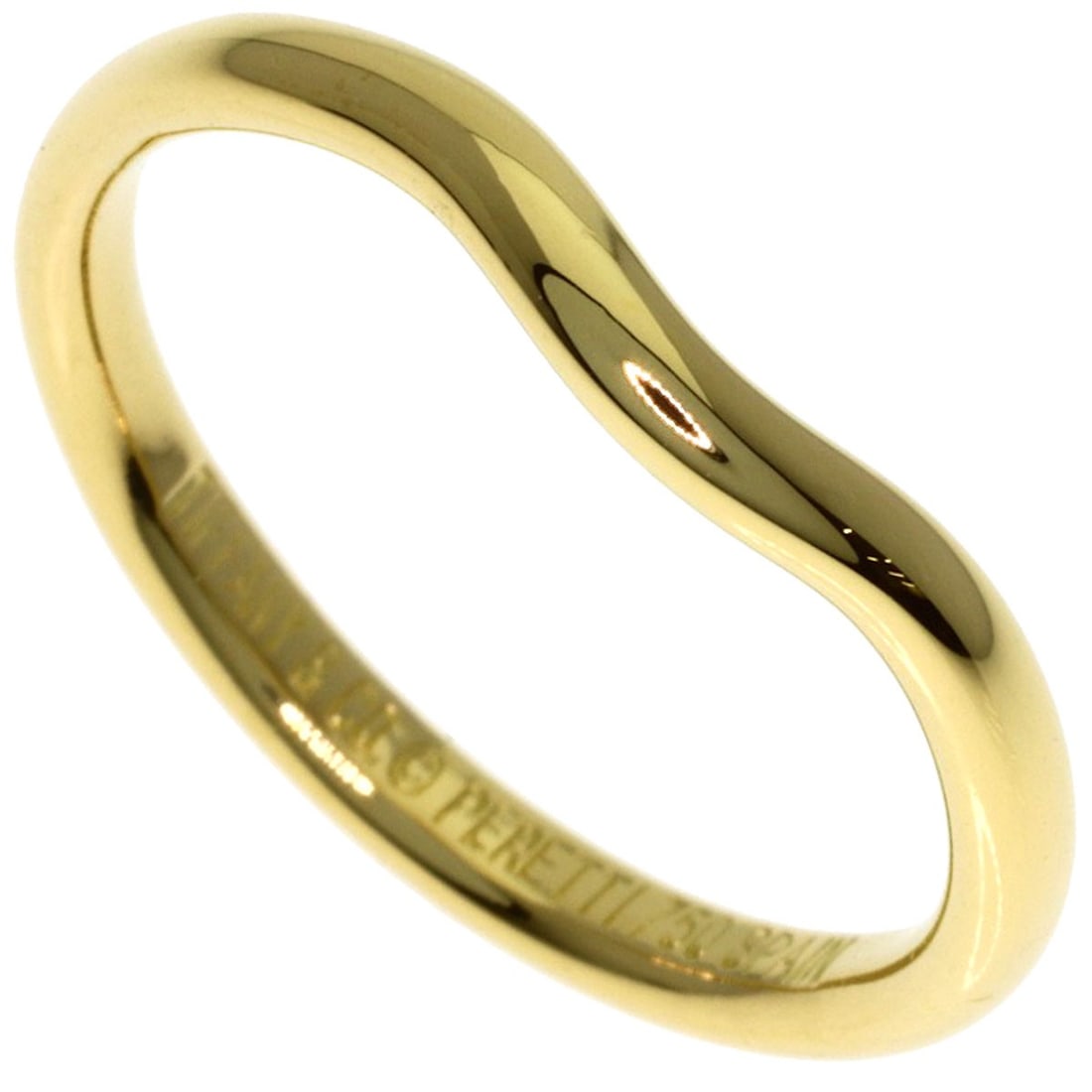 Tiffany&Co Curved Gold K18 Yellow Ring Band: Tiffany&Co Curved Gold K18 Yellow Ring Band K18 Yellow Gold Curved Ring Band from Tiffany&Co. Features a sleek, curved design made from 18K Yellow Gold, with no main stone. The ring is available in a