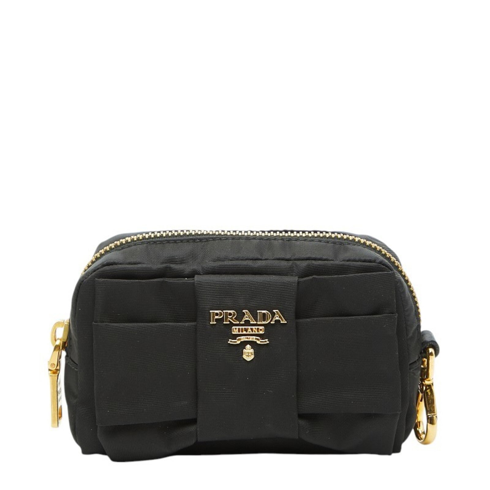 Pouch Nylon Handbag Prada: Pouch Nylon Handbag Prada Prada's Pouch Nylon Handbag boasts a sleek, all-black design with a compact 7cm x 12.5cm x 3.5cm size, making it a stylish and portable accessory. Crafted from durable nylon 