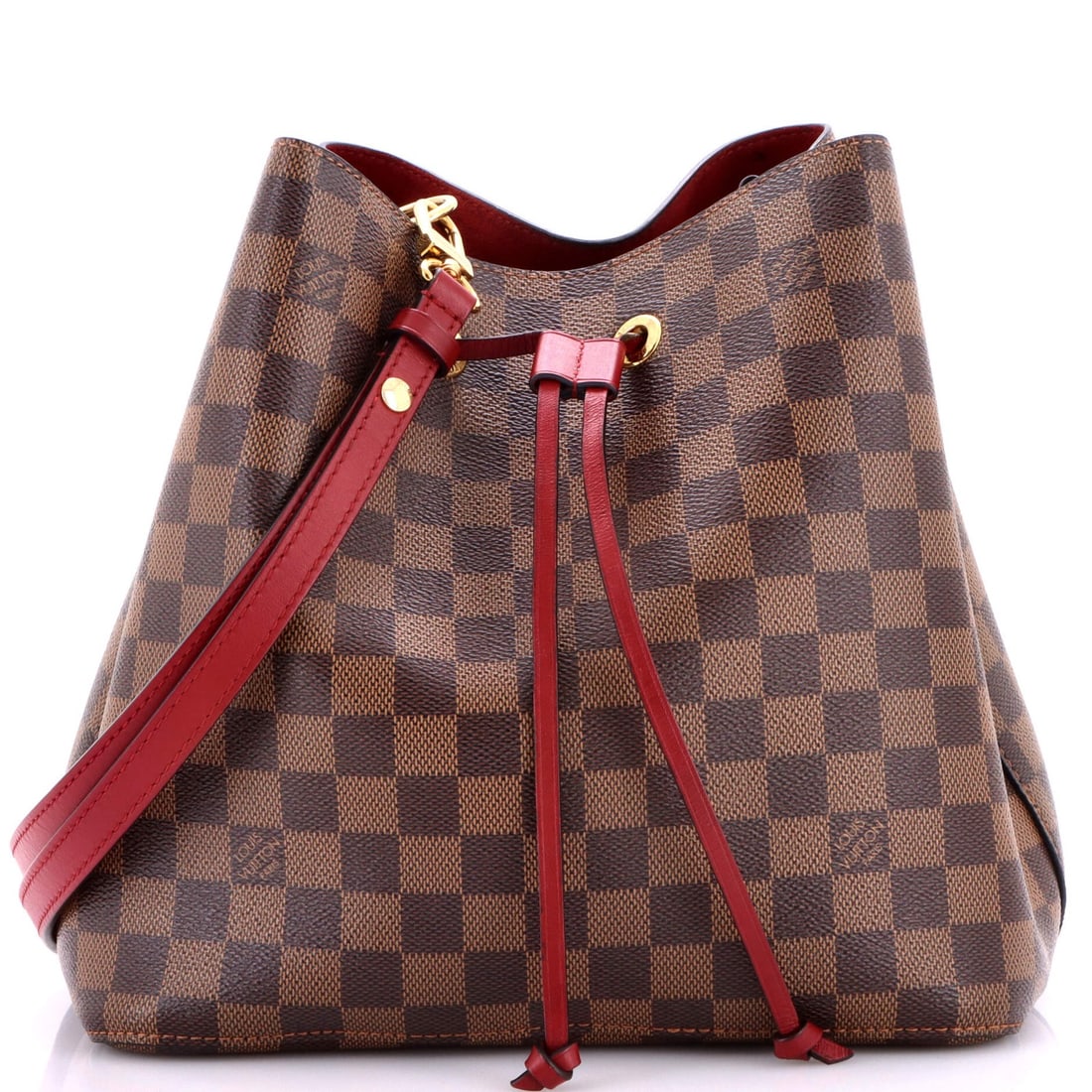 Louis Vuitton NeoNoe Handbag Damier with Leather MM: Louis Vuitton NeoNoe Handbag Damier with Leather MM Brown Louis Vuitton NeoNoe Handbag Damier with Leather MM features a canvas-coated exterior in a classic Damier print, complemented by a rich red