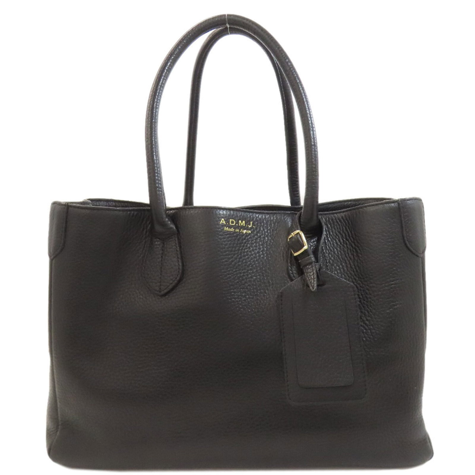 A.D.M.J Handbag Leather: A.D.M.J Handbag Leather A.D.M.J Handbag Leather is a sleek and versatile black leather handbag featuring an open zipper pocket, two open pockets, and a snap pocket. Its compact size and 41cm handle ma