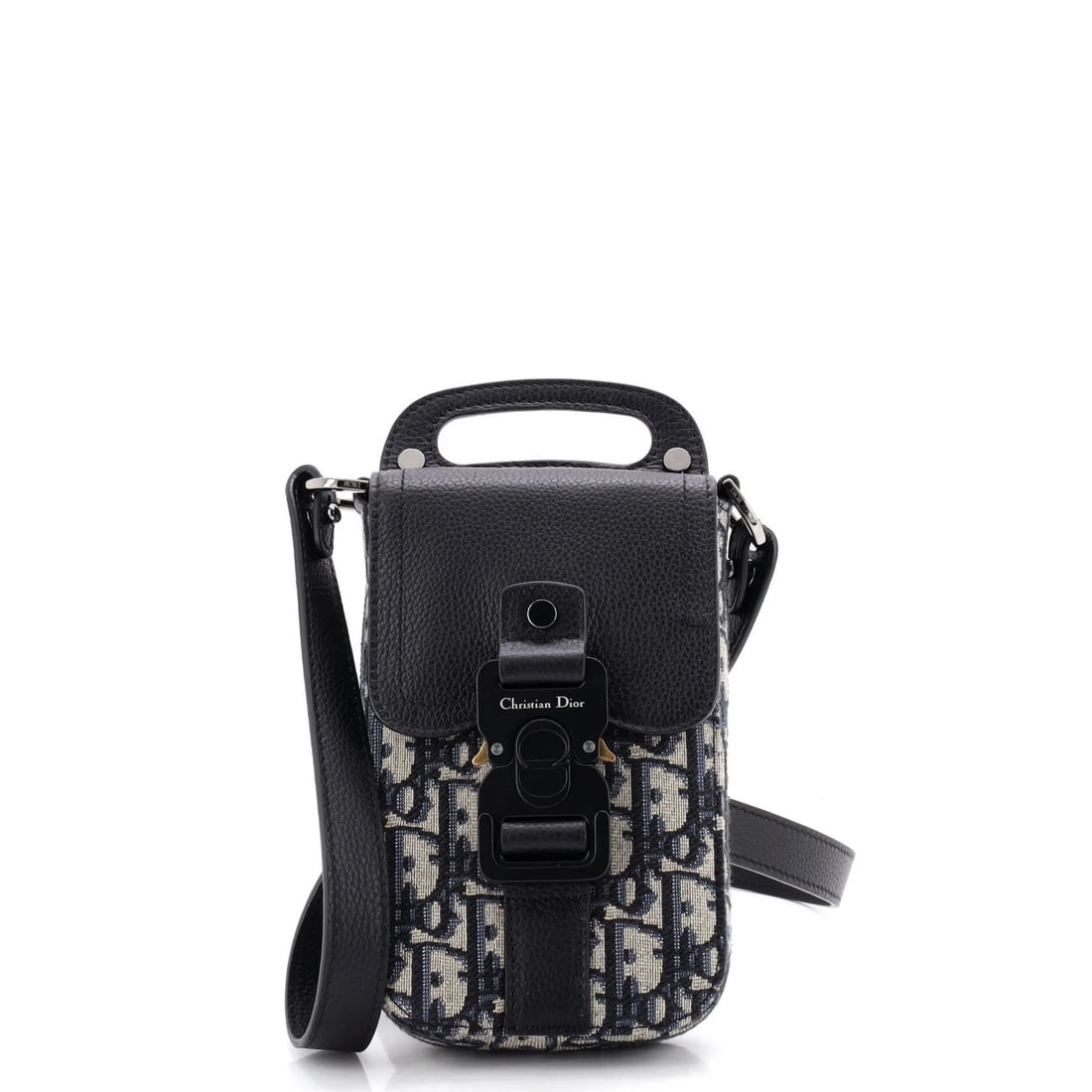Vertical Saddle Pouch Oblique Canvas Strap Leather Christian Dior: Vertical Saddle Pouch Oblique Canvas Strap Leather Christian Dior Vertical Saddle Pouch with Strap Oblique Canvas and Leather Exterior in Black and Blue, featuring minor scuffs and creases. This cross