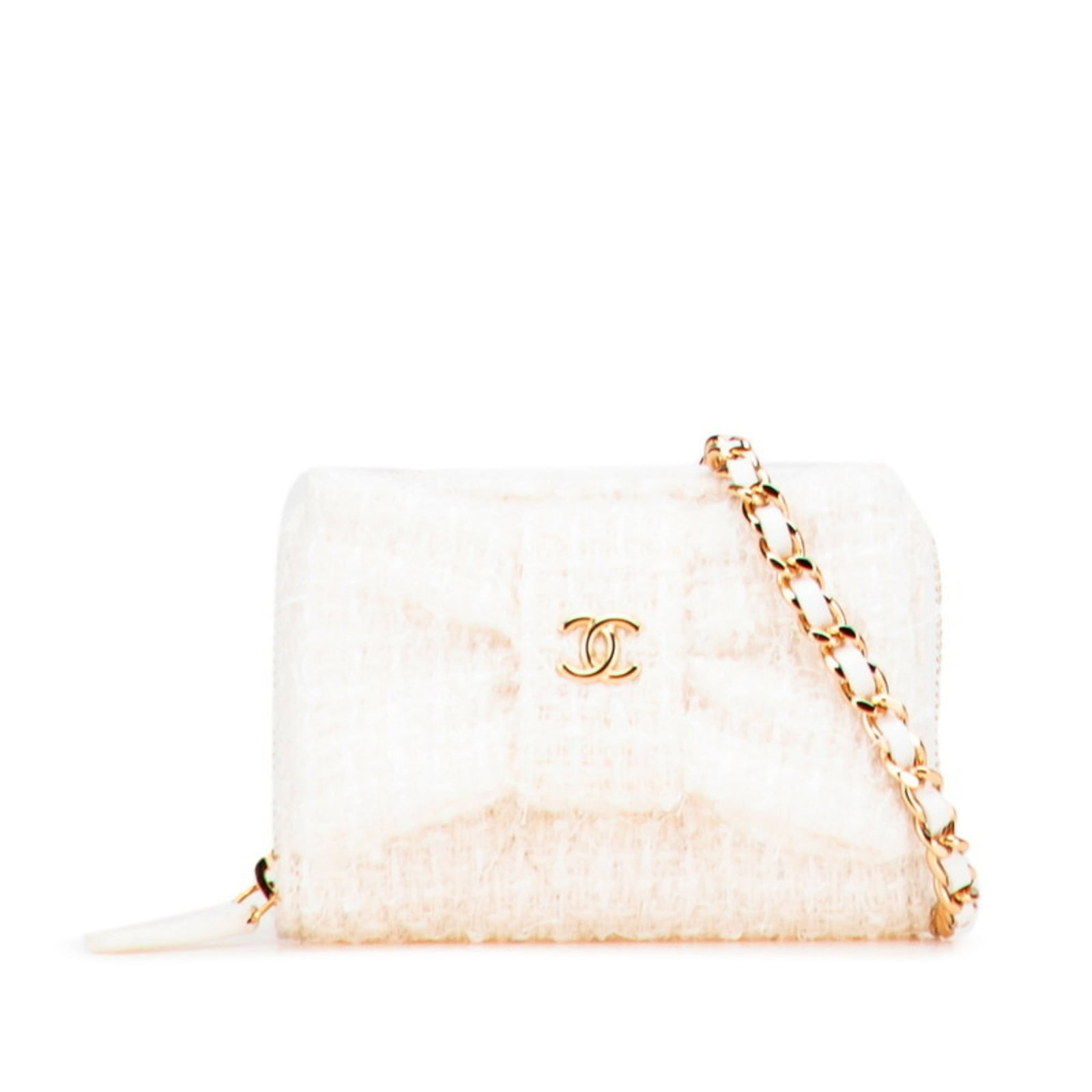 Tweed Leather Shoulder Chain Wallet: Tweed Leather Shoulder Chain Wallet Tweed Leather Shoulder Chain Wallet features a unique combination of tweed and leather materials, presented in a crisp white color. The wallet is secured with a zip