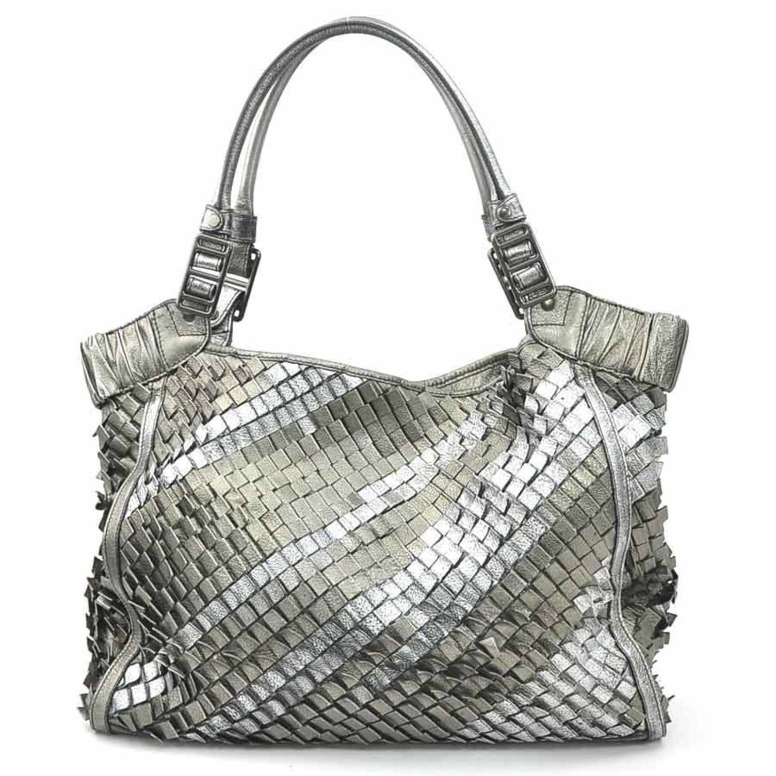 Burberry Bag Leather: Burberry Bag Leather Metallic gray leather shoulder bag from Burberry, measuring 30cm x 40.5cm x 15cm. This bag features a classic design with a metallic gray color, made from high-quality leather. It