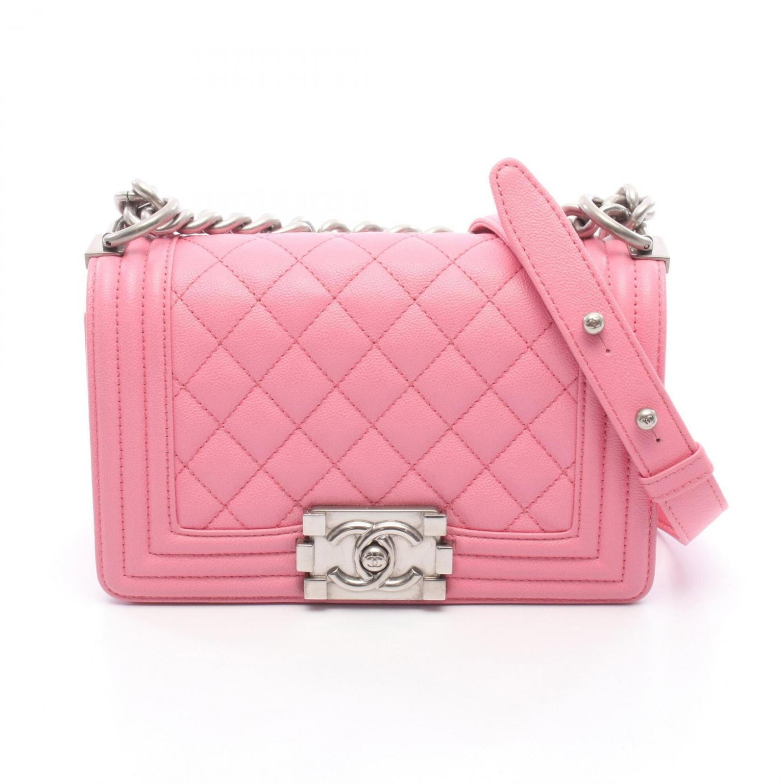 Calfskin Grained Shoulder Bag Handbag: Calfskin Grained Shoulder Bag Handbag Calfskin Grained Shoulder Bag Handbag in Pink features a sleek design with a silver-toned buckle, perfectly complementing the rich, grained texture of the calfski