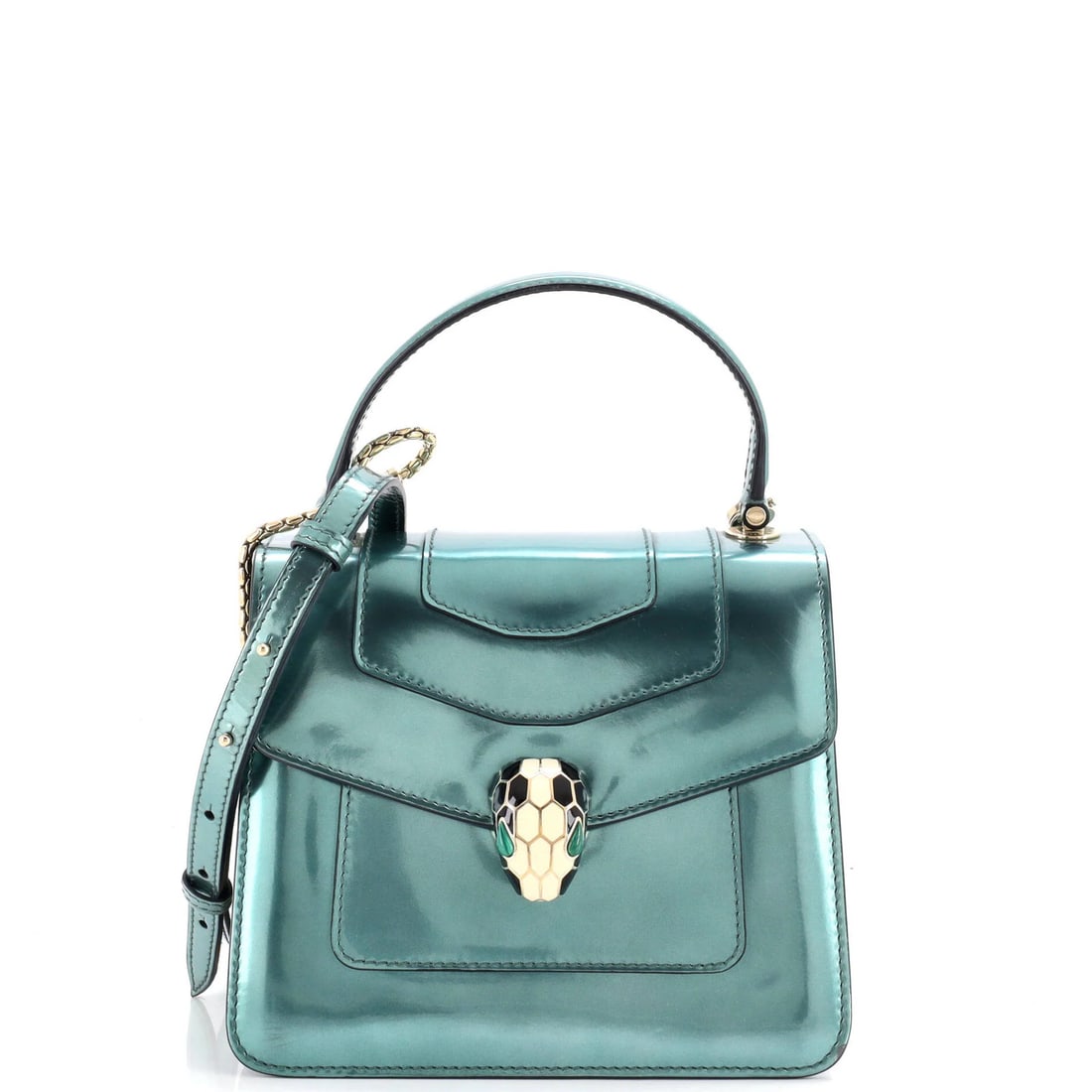 Serpenti Patent Small Bvlgari Top Handle Bag: Serpenti Patent Small Bvlgari Top Handle Bag The Serpenti Patent Small Bvlgari Top Handle Bag boasts a striking green patent leather exterior, complemented by a sleek gold tone hardware and a