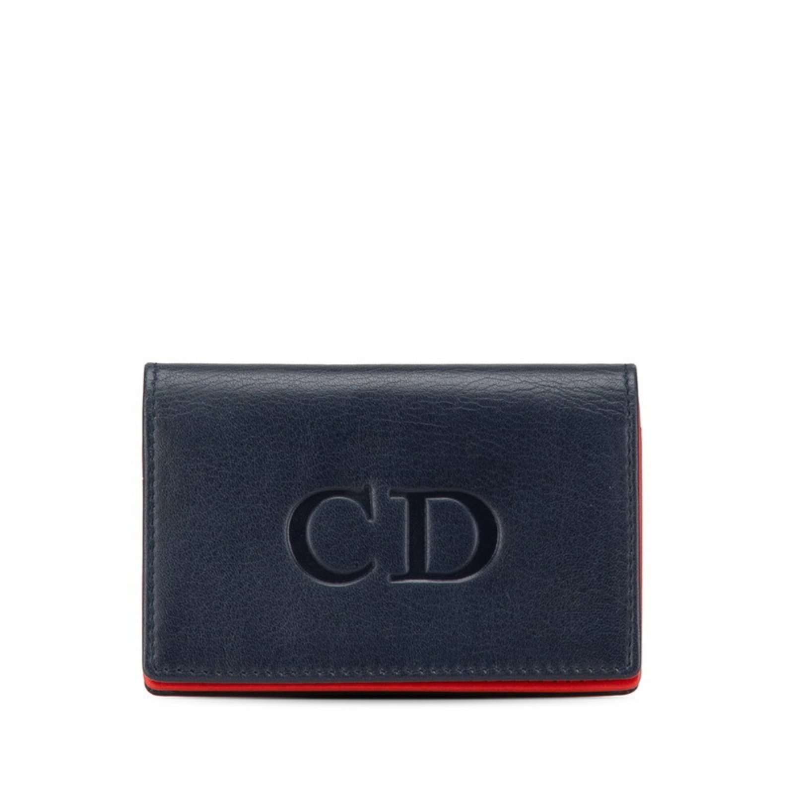 Card Case Leather By Dior: Card Case Leather By Dior This navy and red leather card case is made from high-quality leather, measuring 7.5cm x 11cm x 1cm. The classic design of Christian Dior's card case is a timeless and
