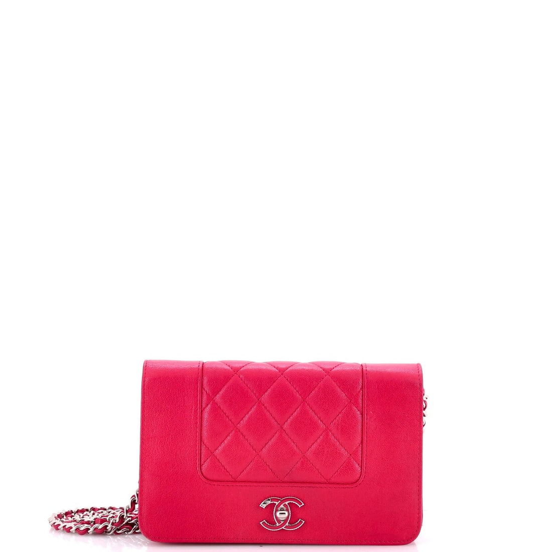 Chanel Mademoiselle Vintage Wallet on Chain Quilted Sheepskin: Chanel Mademoiselle Vintage Wallet on Chain Quilted Sheepskin Pink quilted sheepskin exterior with silver hardware, this vintage Chanel Mademoiselle wallet on chain features a classic cross body desig