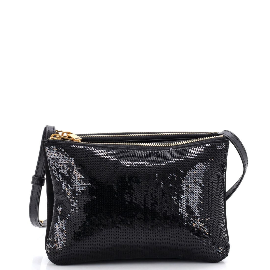 Nylon Sequin Embellished Small Crossbody Bag Celine Trio: Nylon Sequin Embellished Small Crossbody Bag Celine Trio Black nylon sequin embellished small crossbody bag in the Celine Trio style, featuring a sleek and modern design with a touch of glamour. The